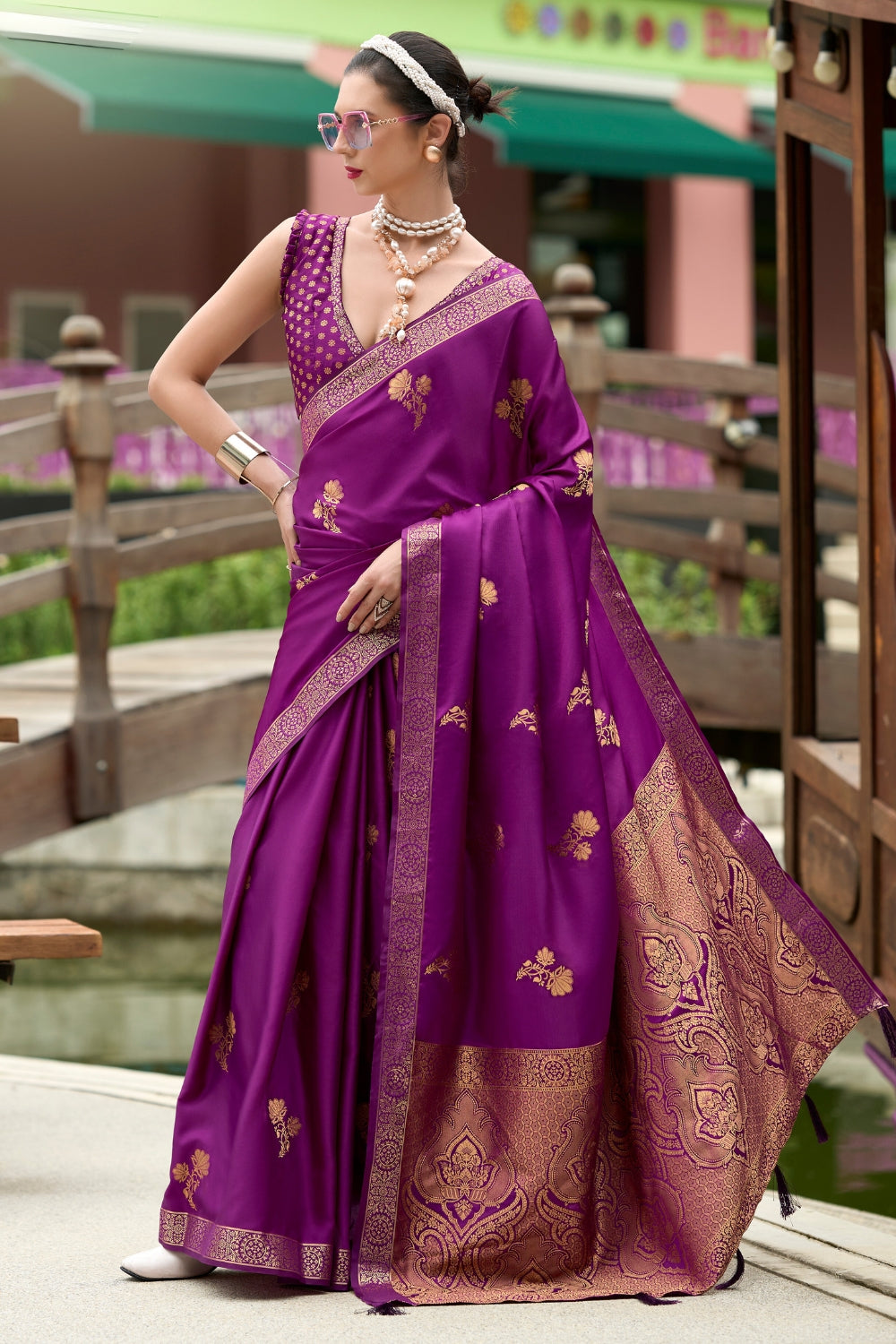 Purple Pure Sattin Handwoven With Zari weaving Saree