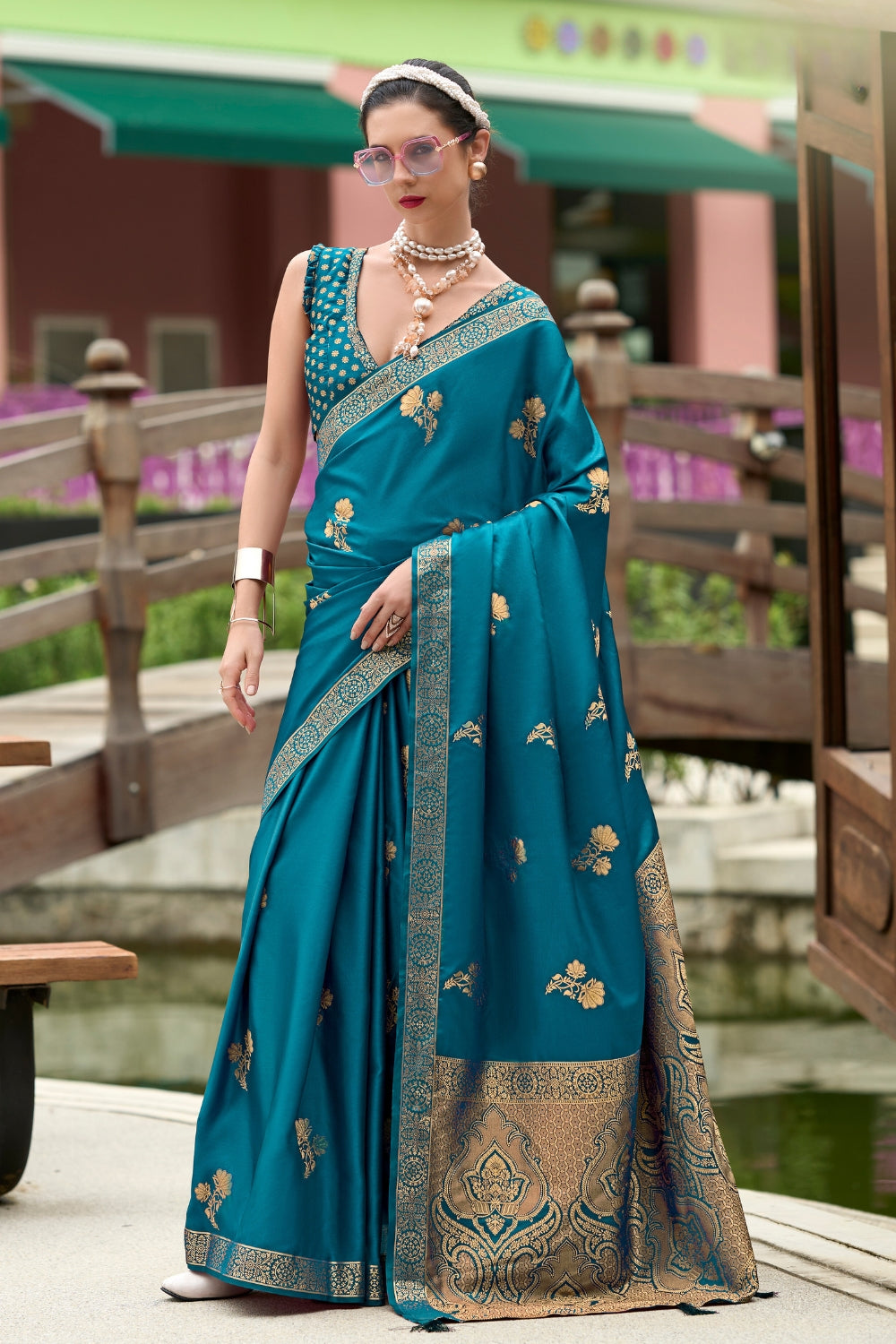 Blue Pure Sattin Handwoven With Zari weaving Saree