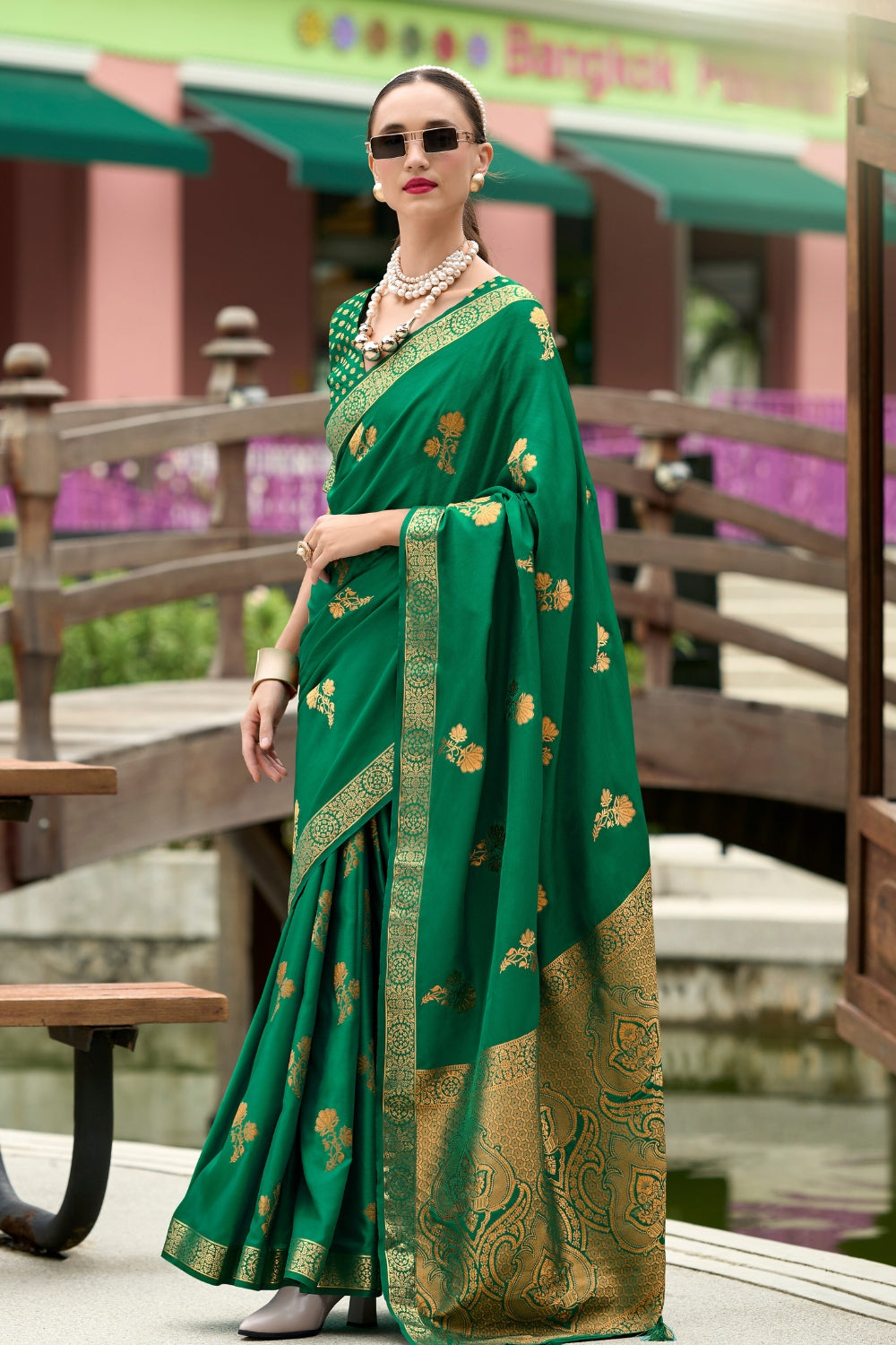 Green Pure Sattin Handwoven With Zari weaving Saree