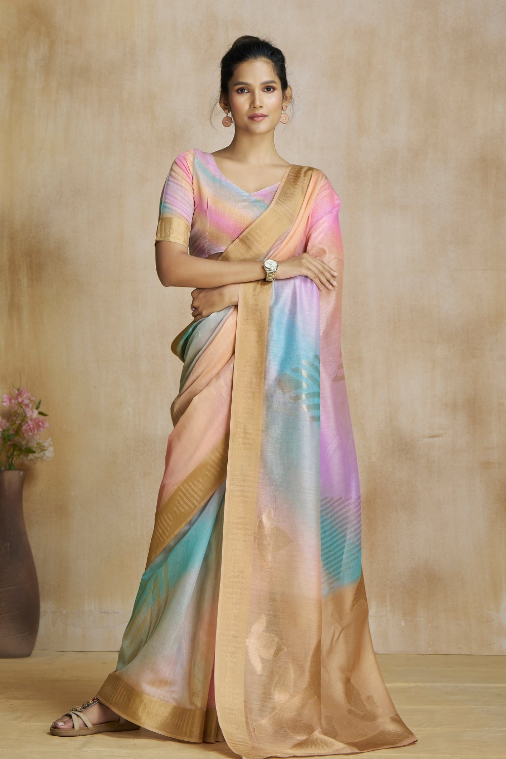 Beige Fancy Fabric With Digital Print Saree