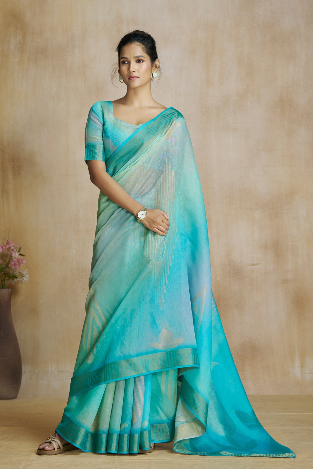 Turquoise Fancy Fabric With Digital Print Saree