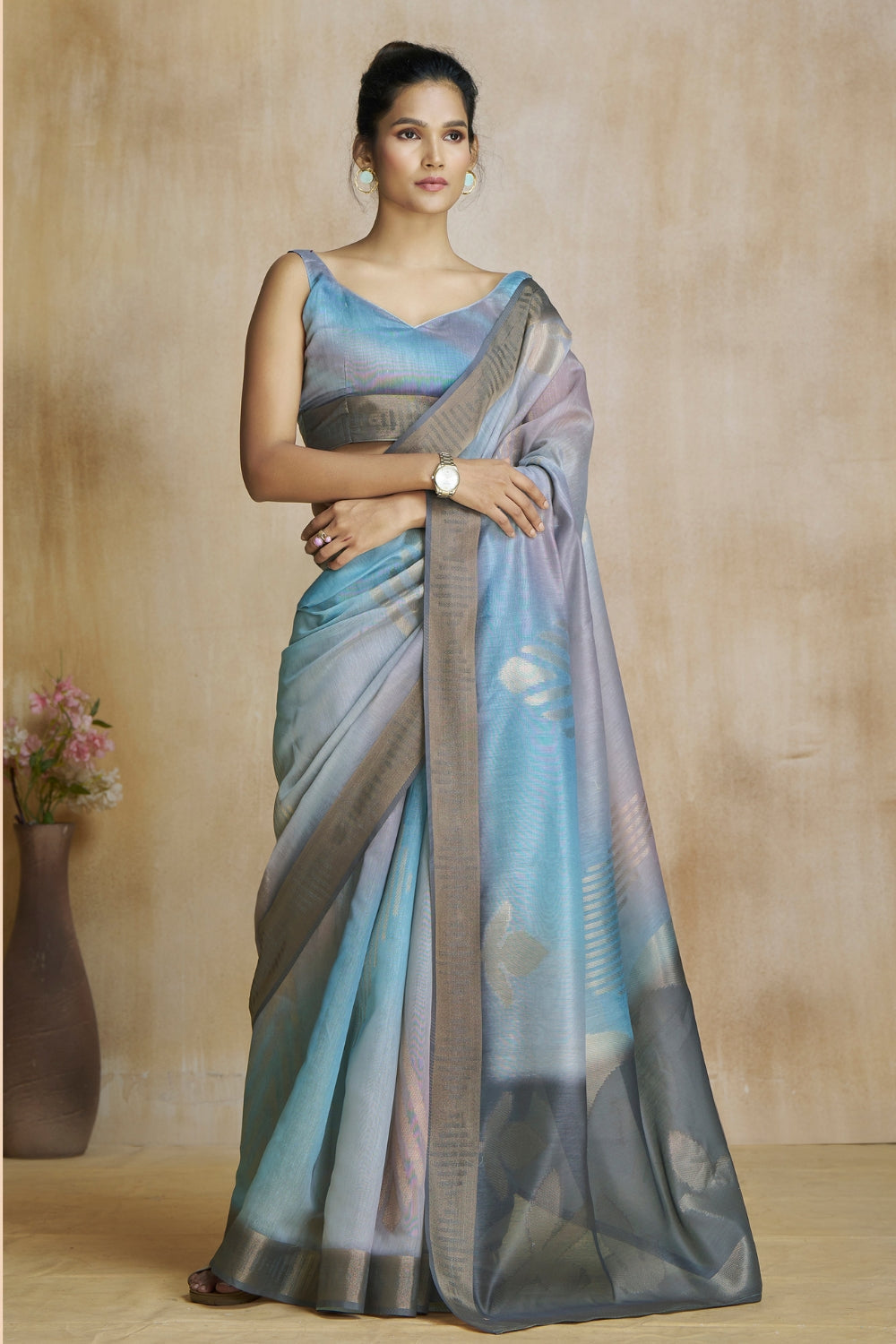 Blue Fancy Fabric With Digital Print Saree