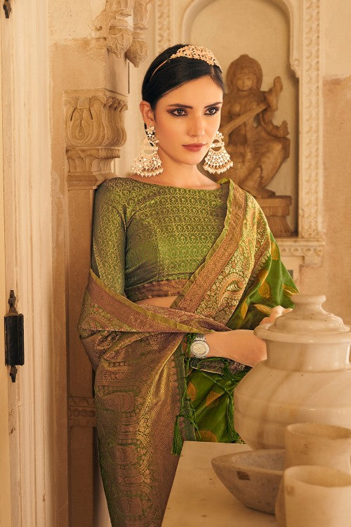 Rose silk organza saree- Moss green – anousshka.com