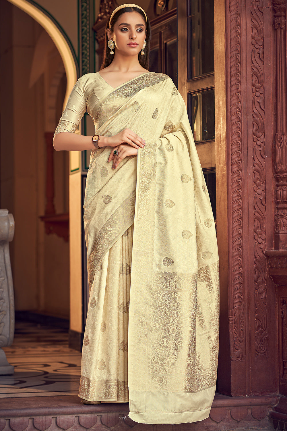 White Cream Banarasi Satin Saree