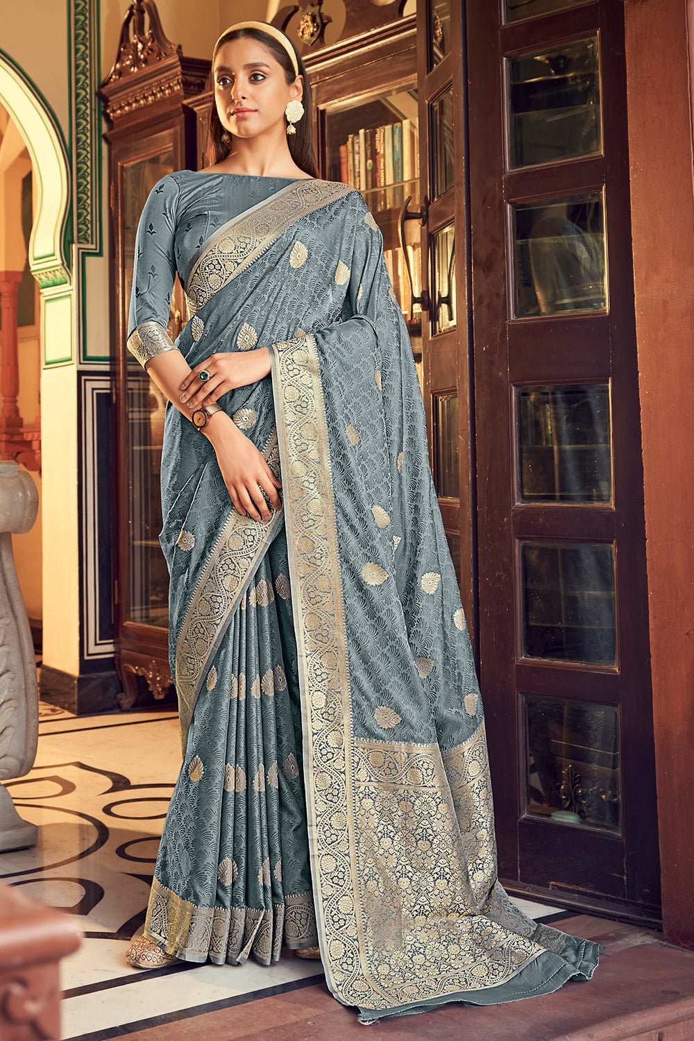 Light Grey Banarasi Satin Saree