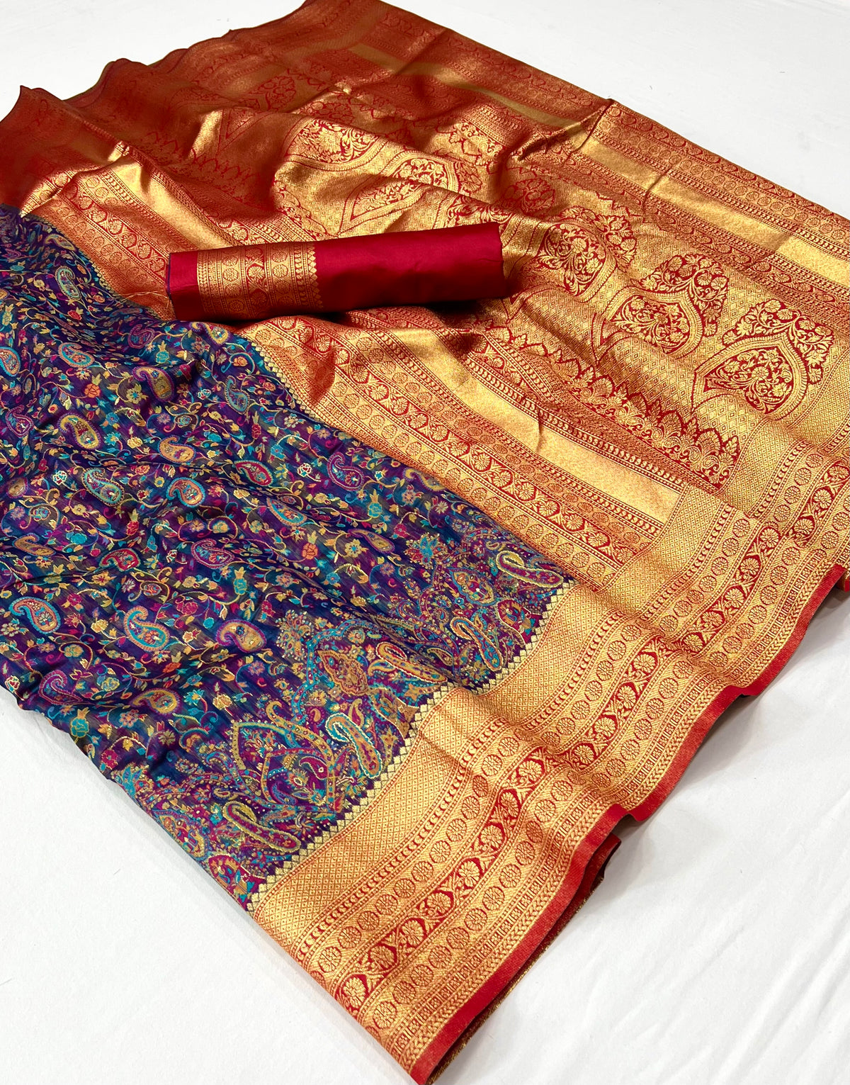 Queen Blue And Red Pashmina Saree