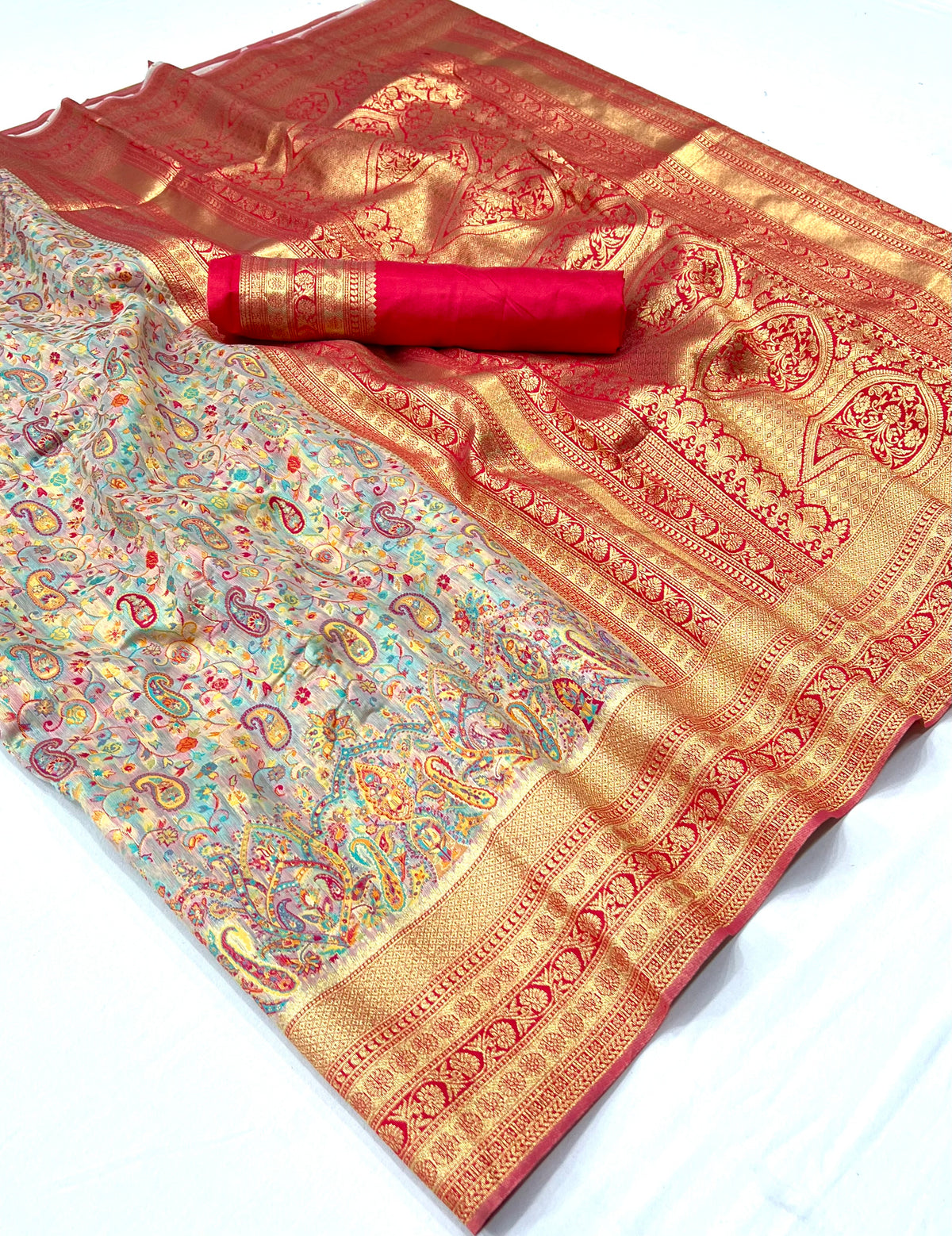 Summer White And Orange Pashmina Saree