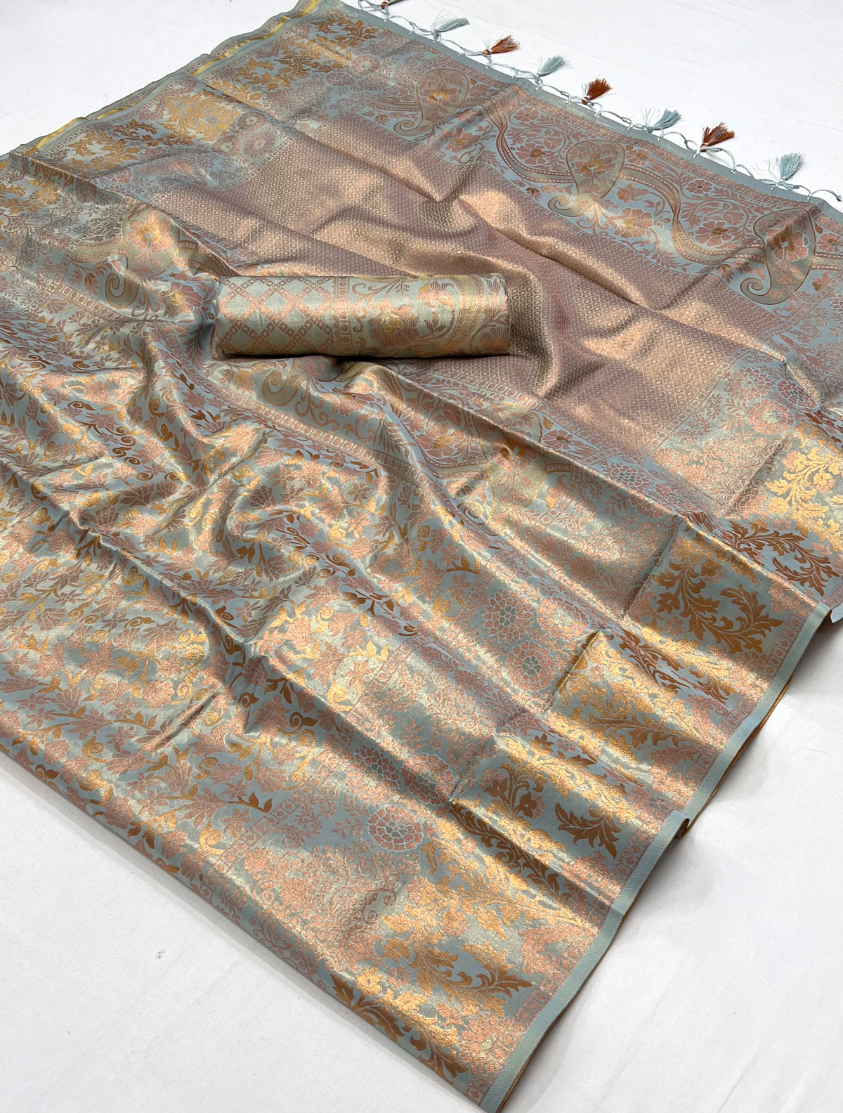 Teal Grey Kanjivaram Zari Based Silk Saree