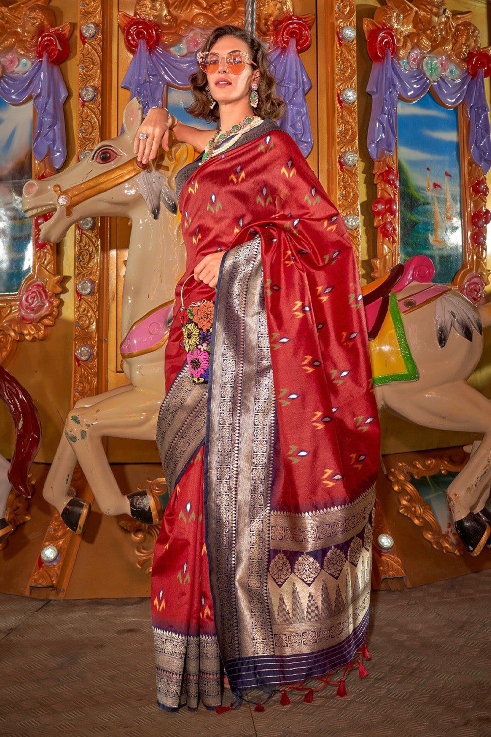 Red Banarasi Silk Saree With Blouse Piece