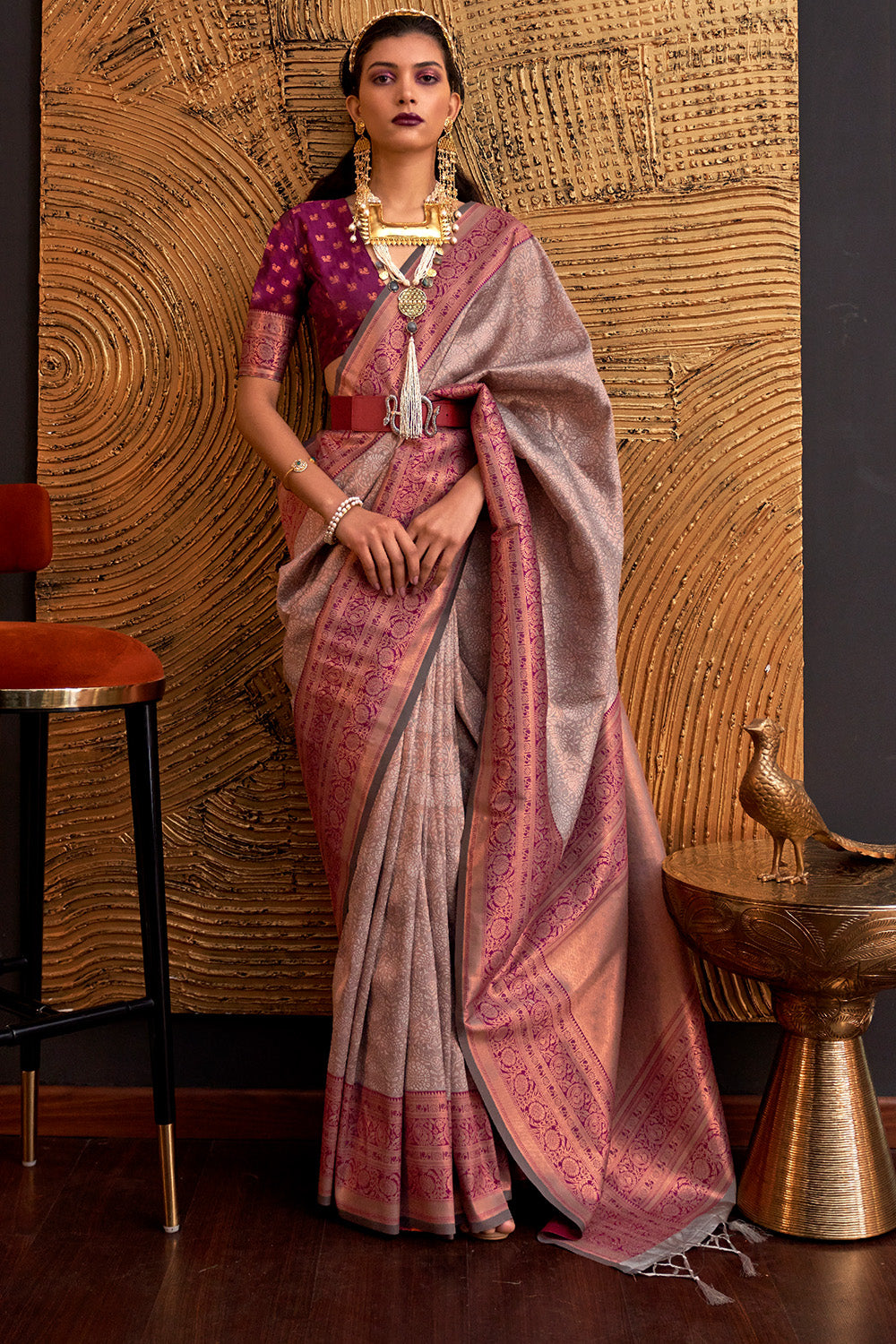 Grey Silk Saree With Blouse Piece