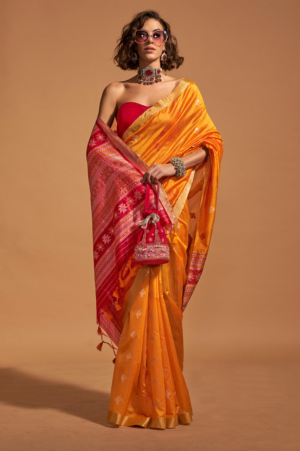 Orange  Banarasi Silk Saree With Blouse Piece