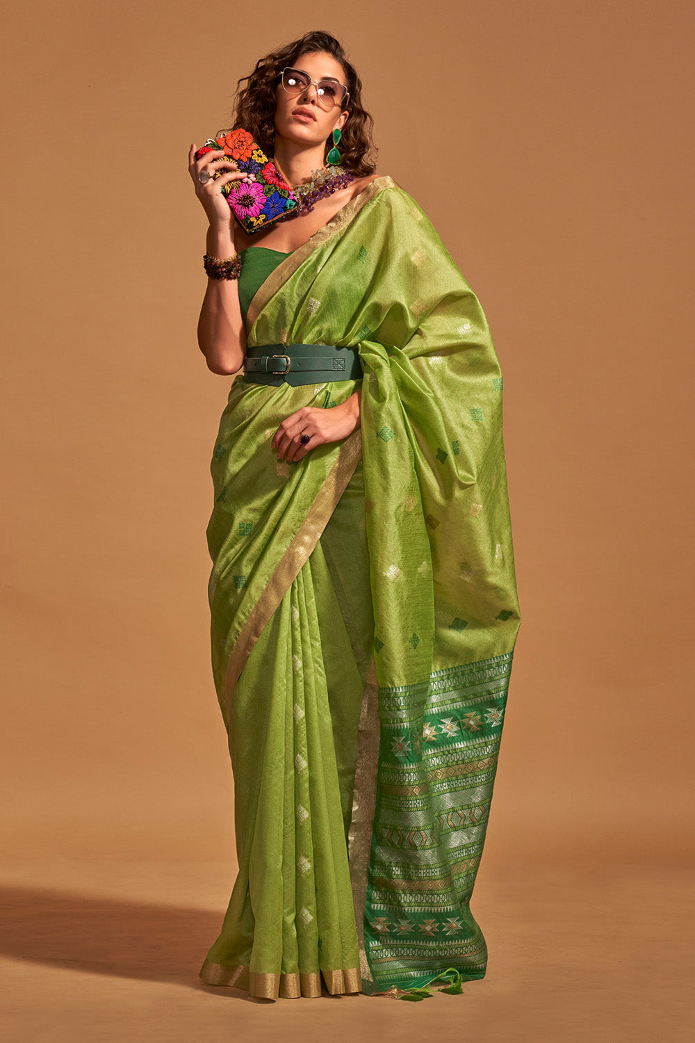 Parrot Green Banarasi Silk Saree With Blouse Piece