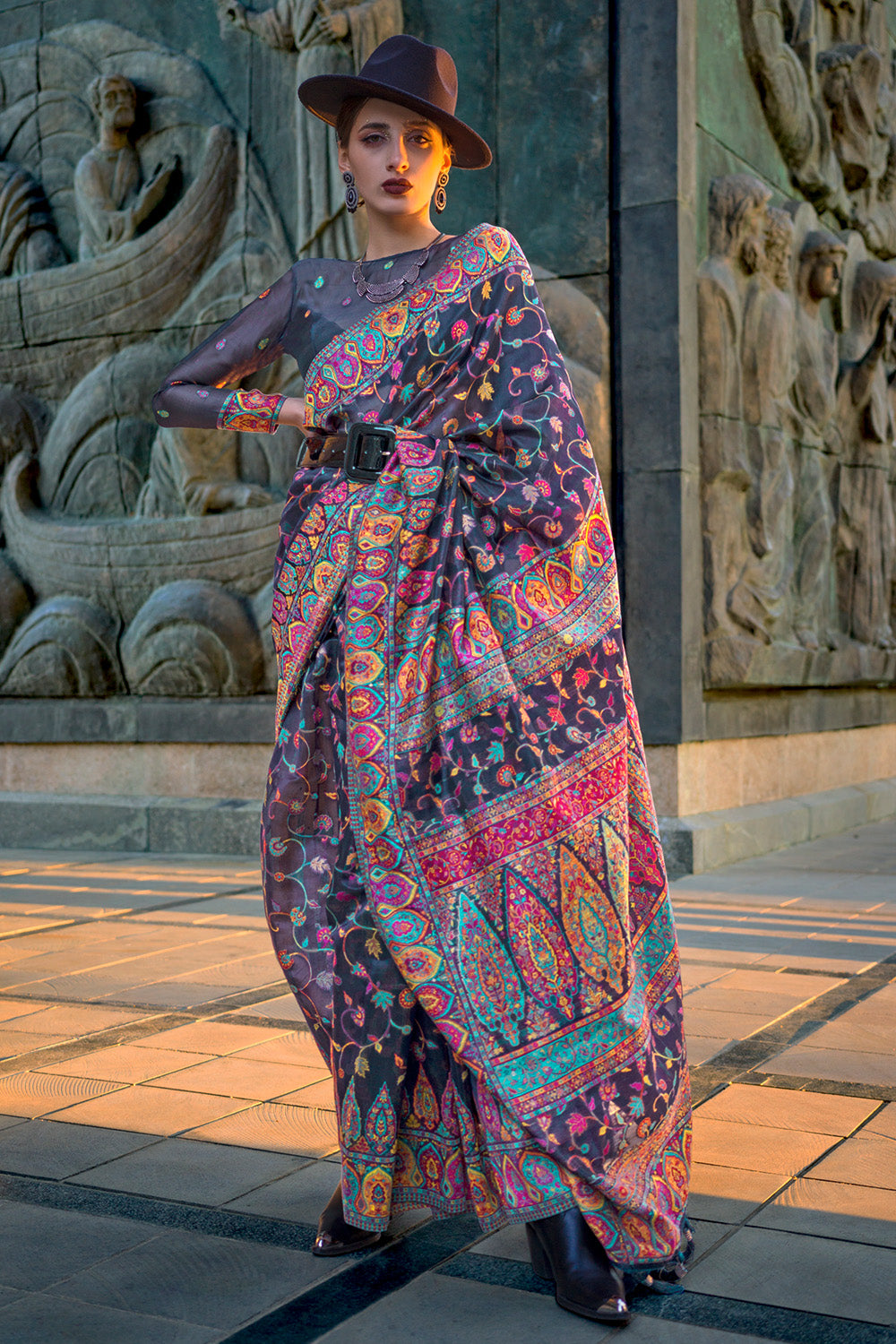 Navy Blue Pashmina Silk Organza Saree