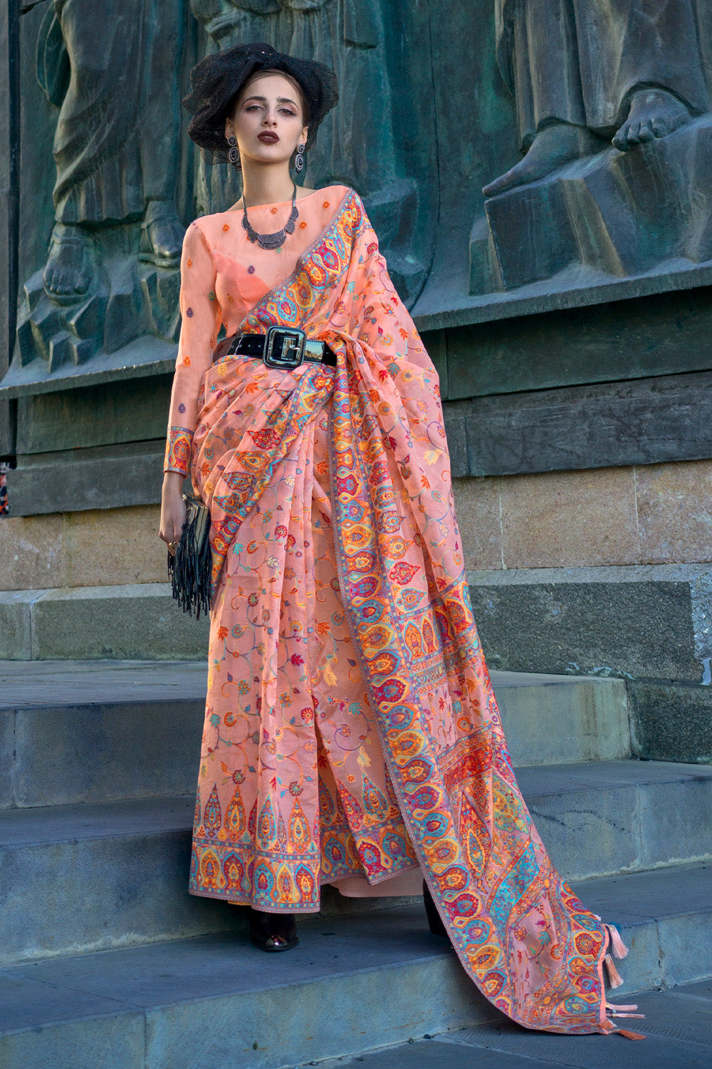 Peach Pashmina Silk Organza Saree With Blouse Piece