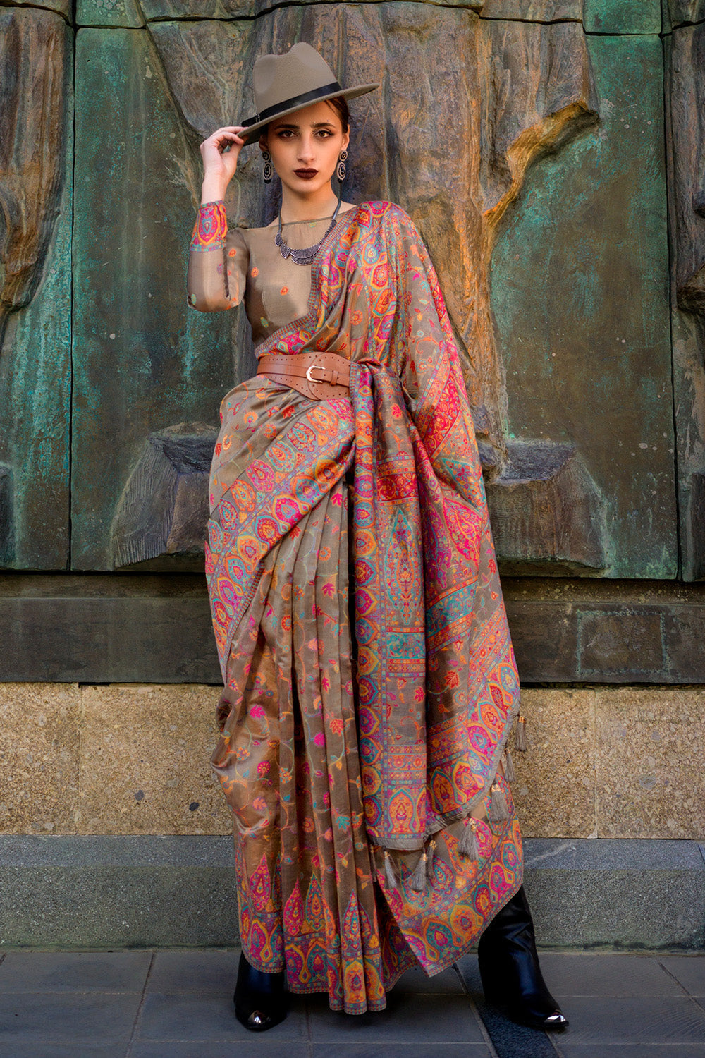 Coffee Brown Pashmina Silk Organza Saree With Blouse Piece