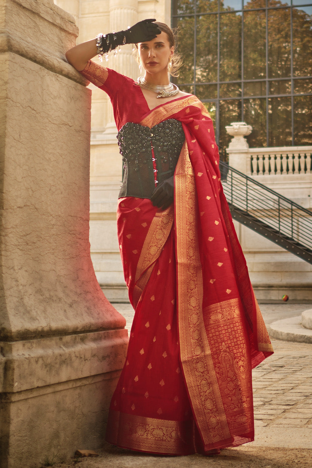 Red Banarasi Silk Saree With Blouse Piece