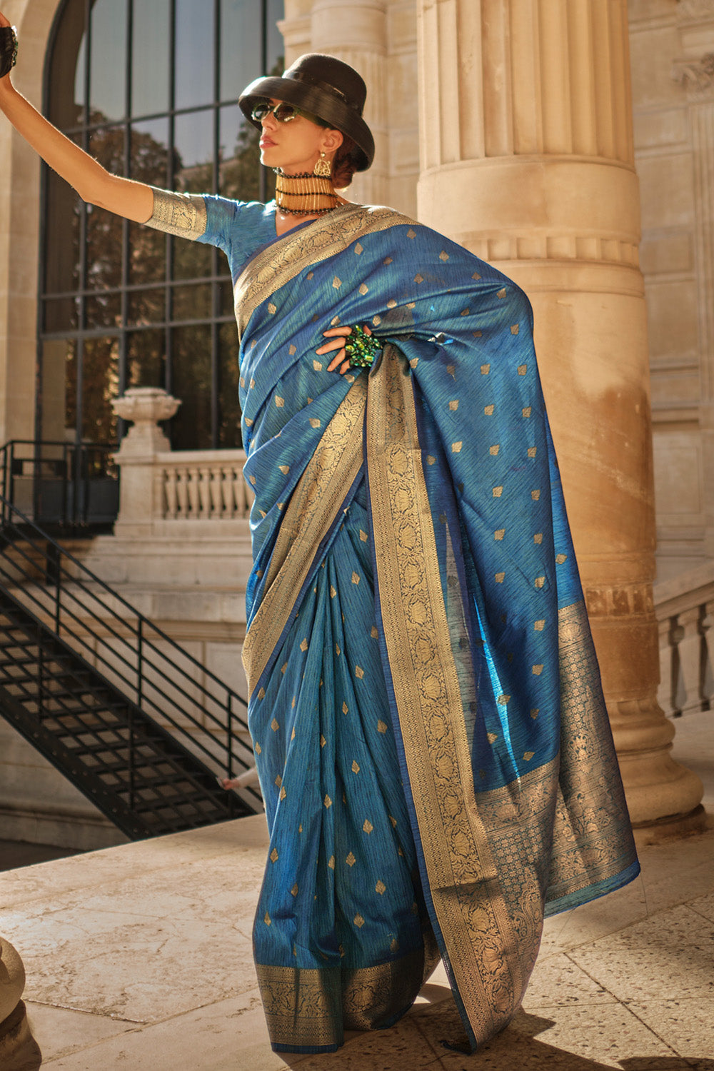 Blue Banarasi Silk Saree With Blouse Piece