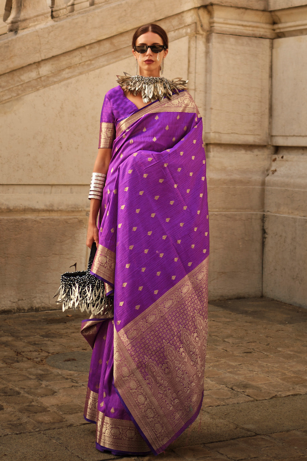 Purple Banarasi Silk Saree With Blouse Piece