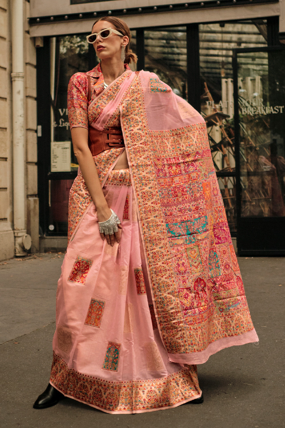 Pink Kashmiri Silk Saree With Blouse Piece