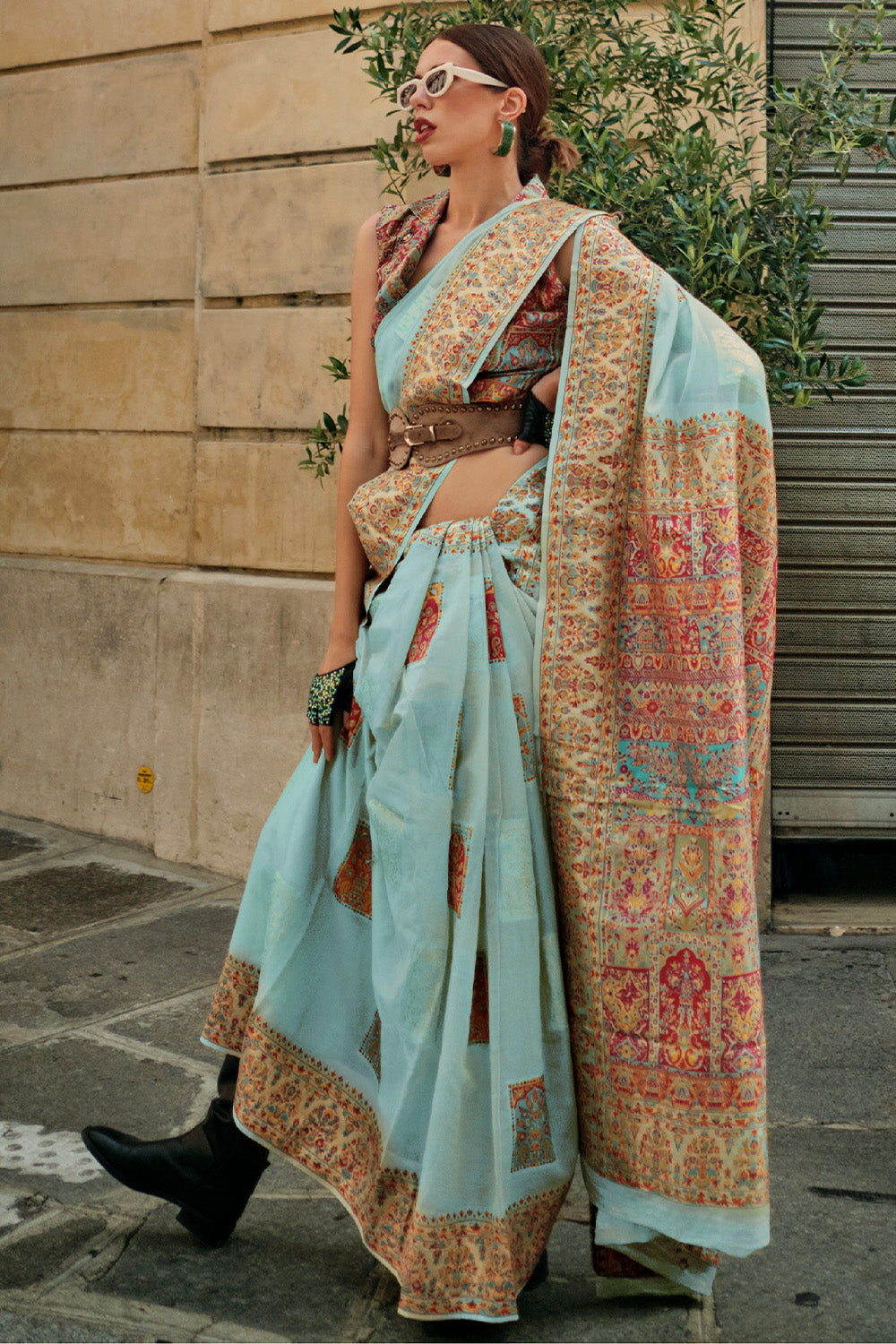 Teal Blue Kashmiri Silk Saree With Blouse Piece