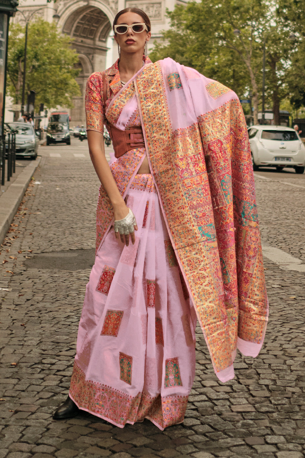 Baby Pink Kashmiri Silk Saree With Blouse Piece