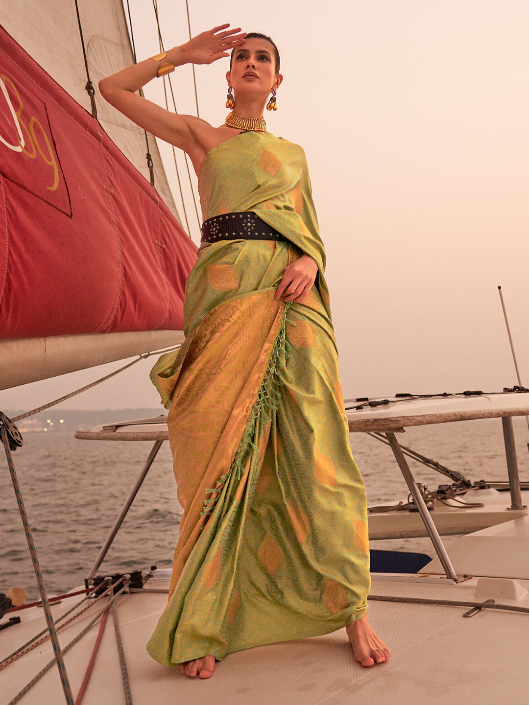 Pistachio Green Satin Saree