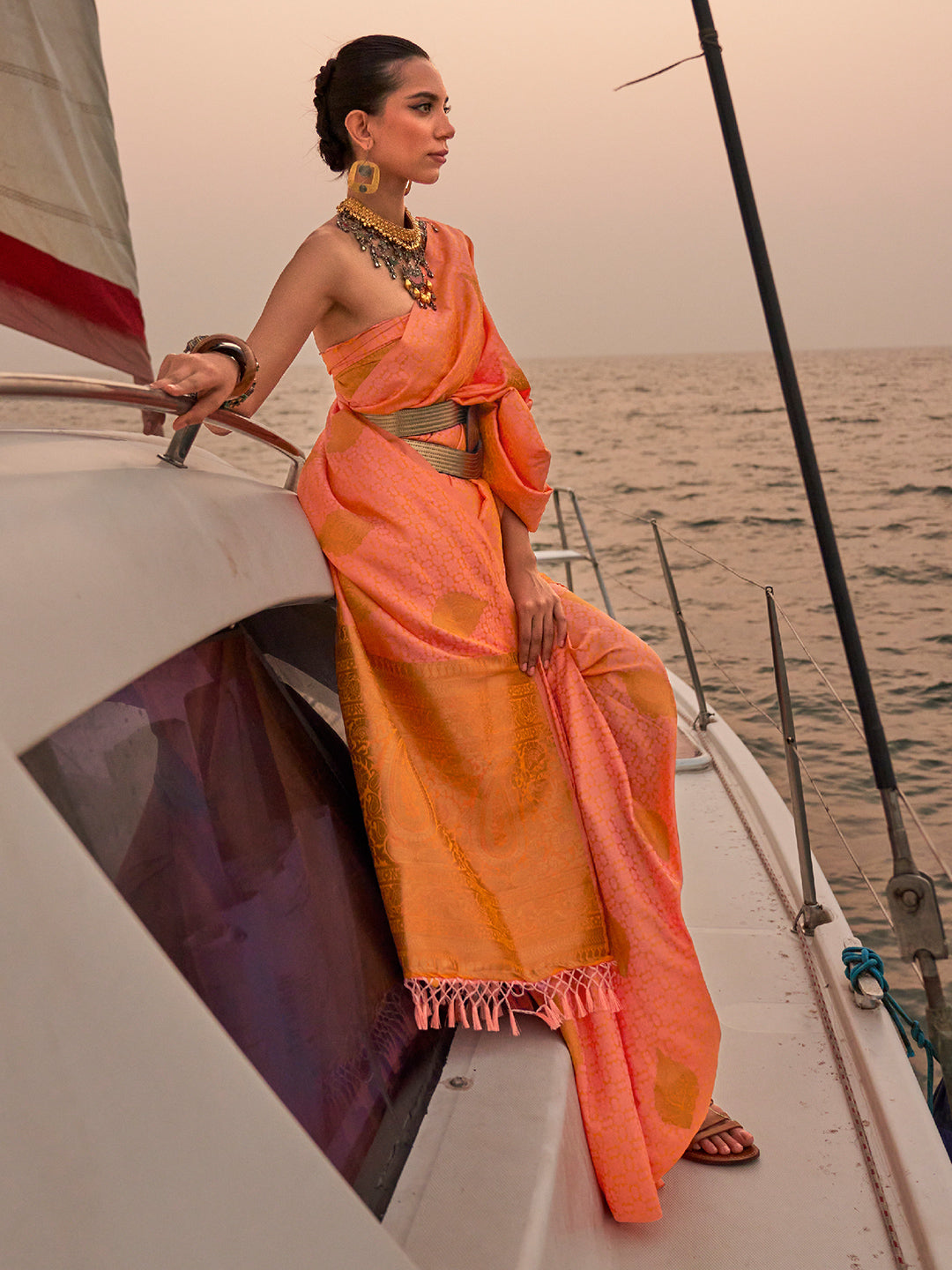 Coral Orange Satin Saree