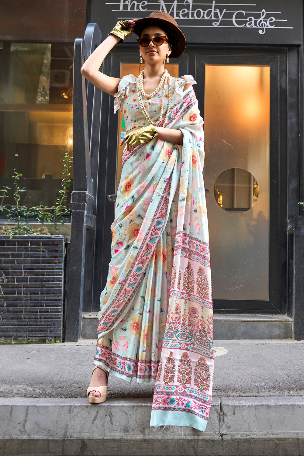 Multicolor Satin Printed Saree With Blouse Piece