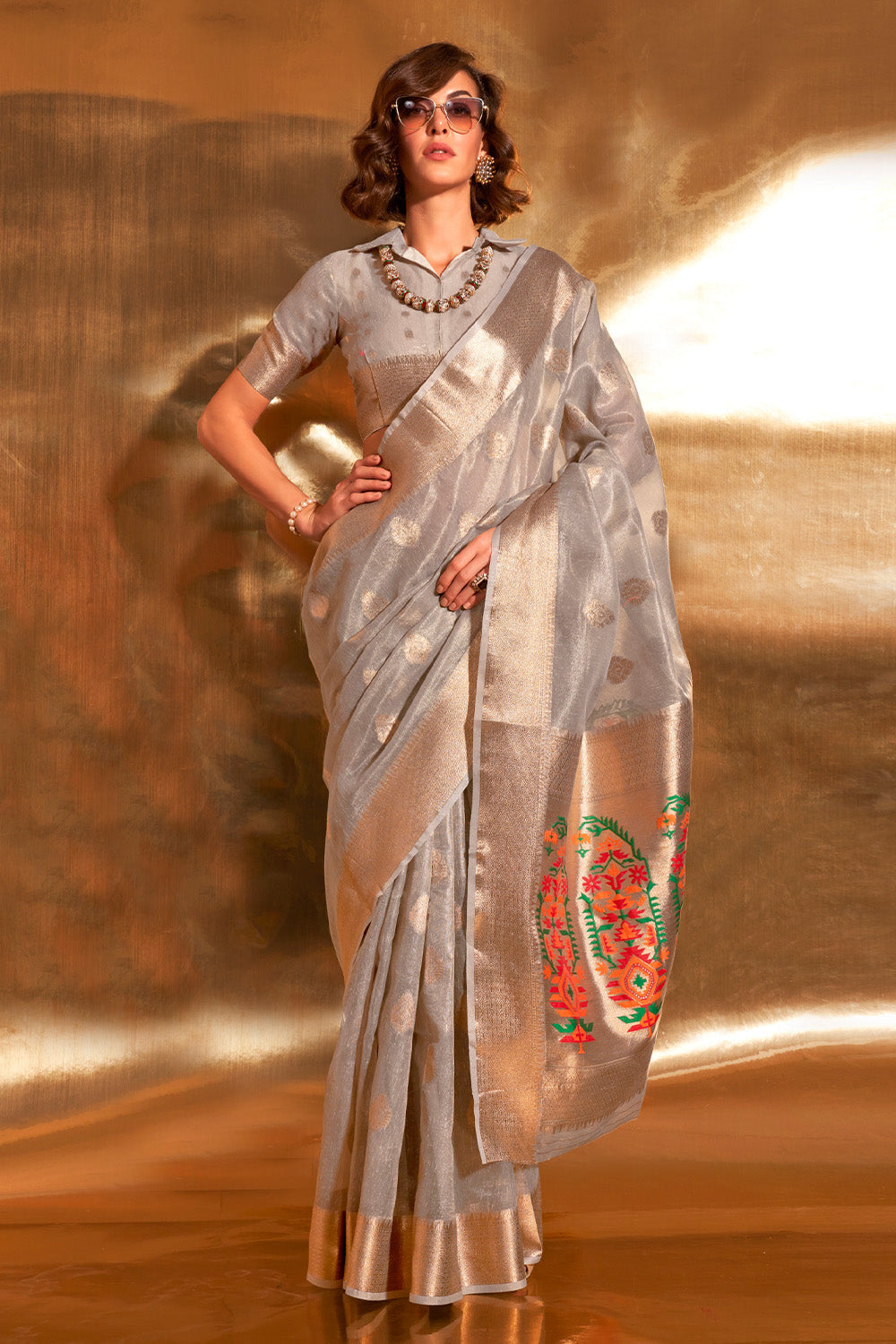 Grey Paithani Silk Saree