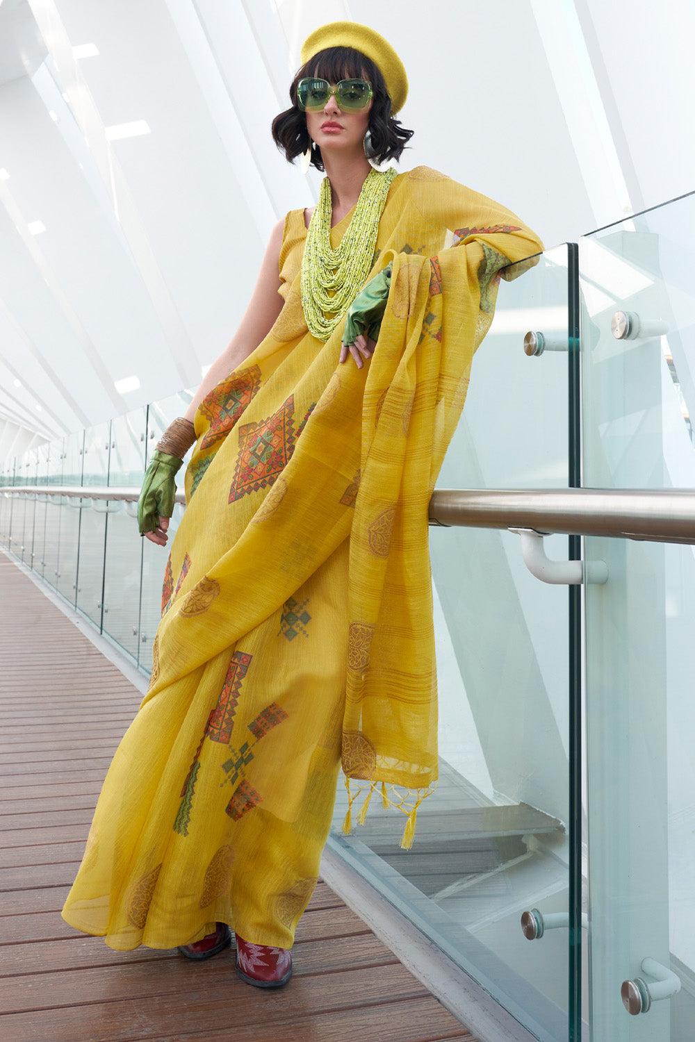 Yellow Banarasi Silk Printed Tissue Saree With Blouse Piece