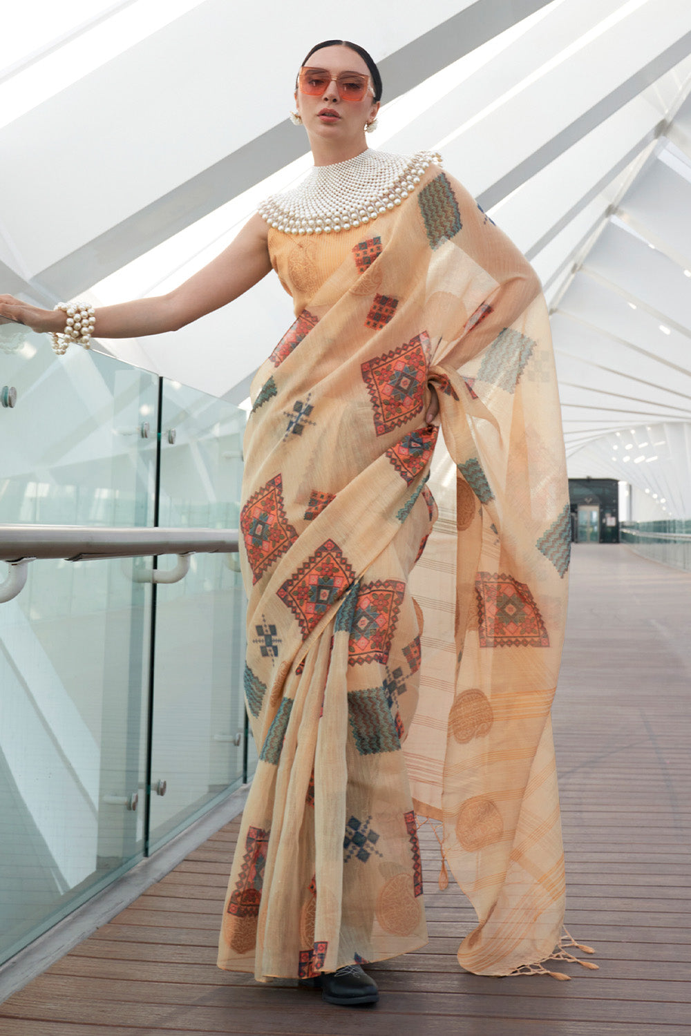 Cream Banarasi Silk Printed Tissue Saree