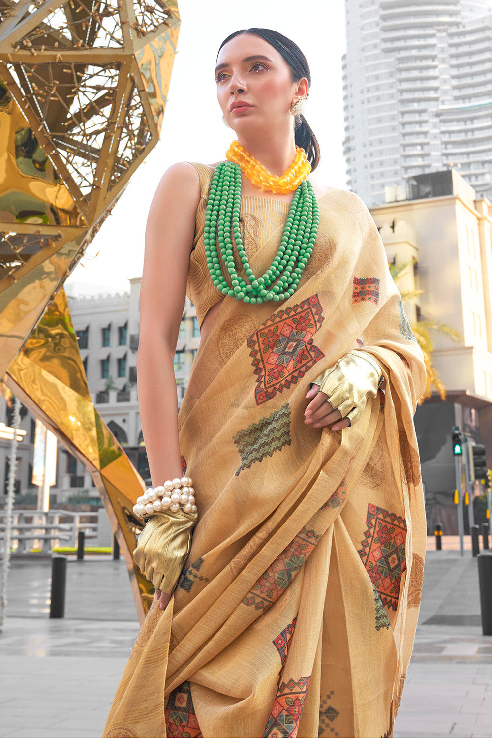 Light Orange Banarasi Silk Printed Tissue Saree