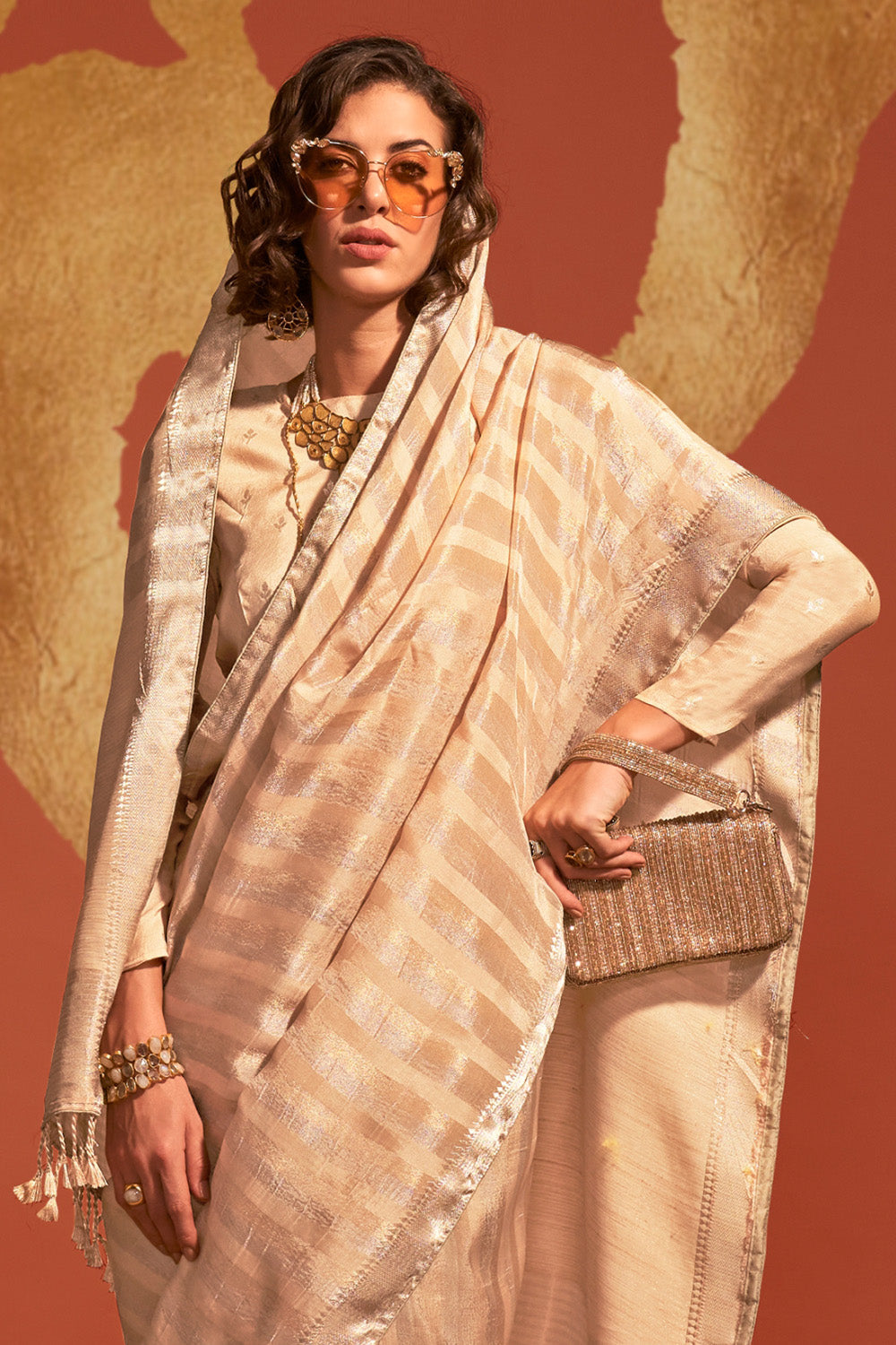 Cream Banarasi Silk Viscose Saree