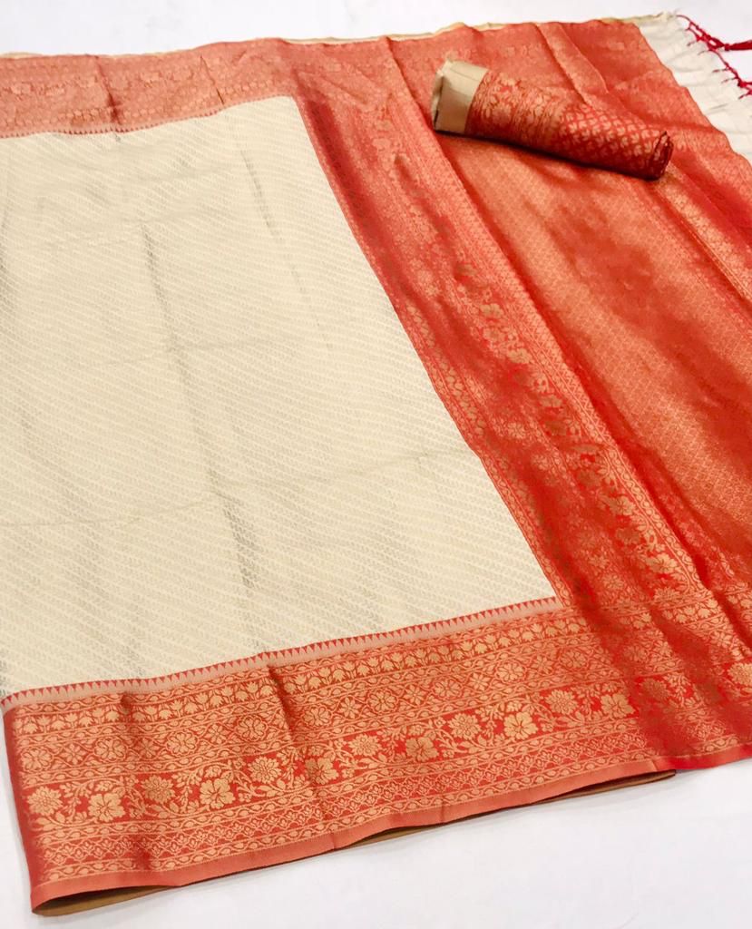 White And Orange Kanjivaram Saree