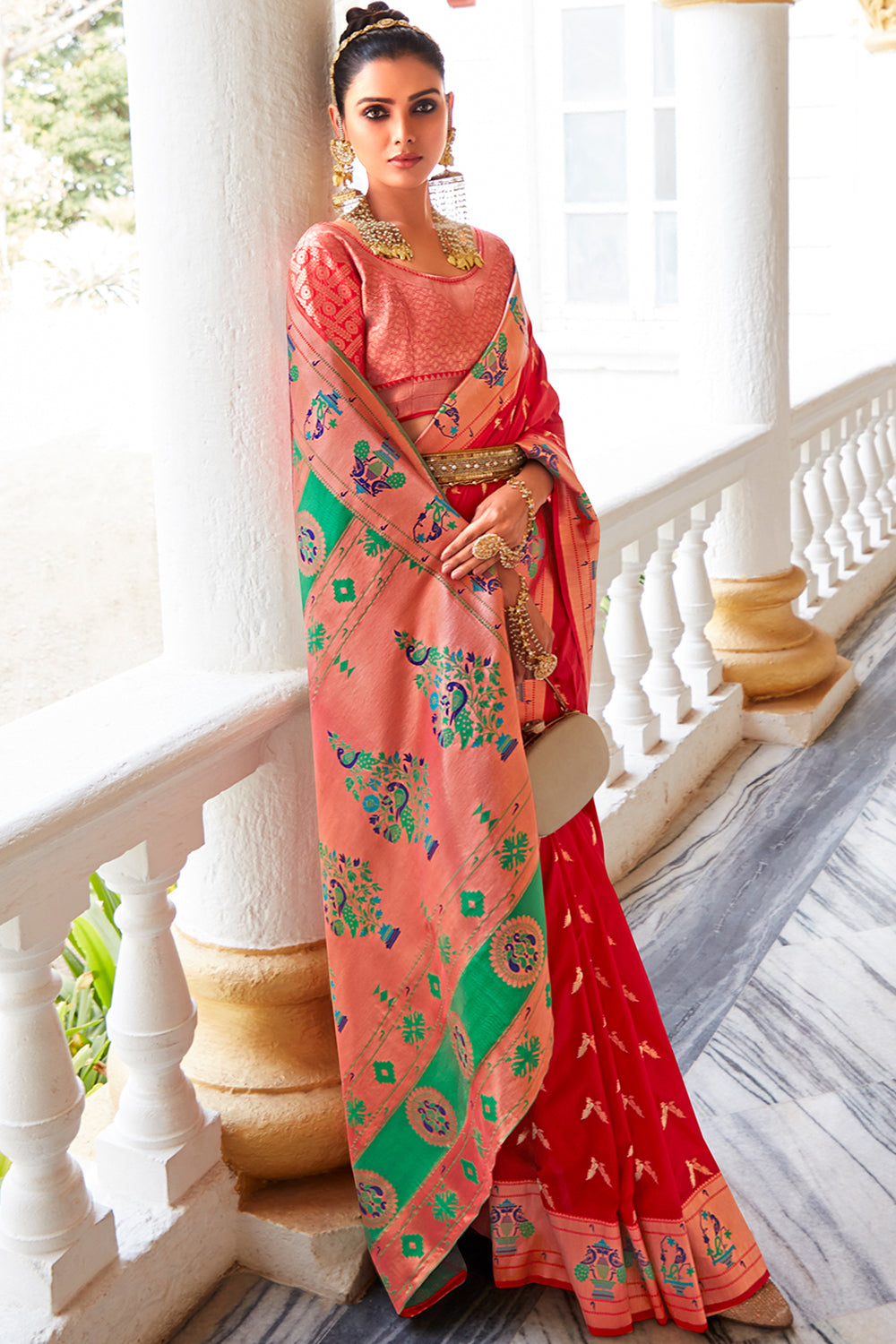 Cherry Red Paithani Silk Saree