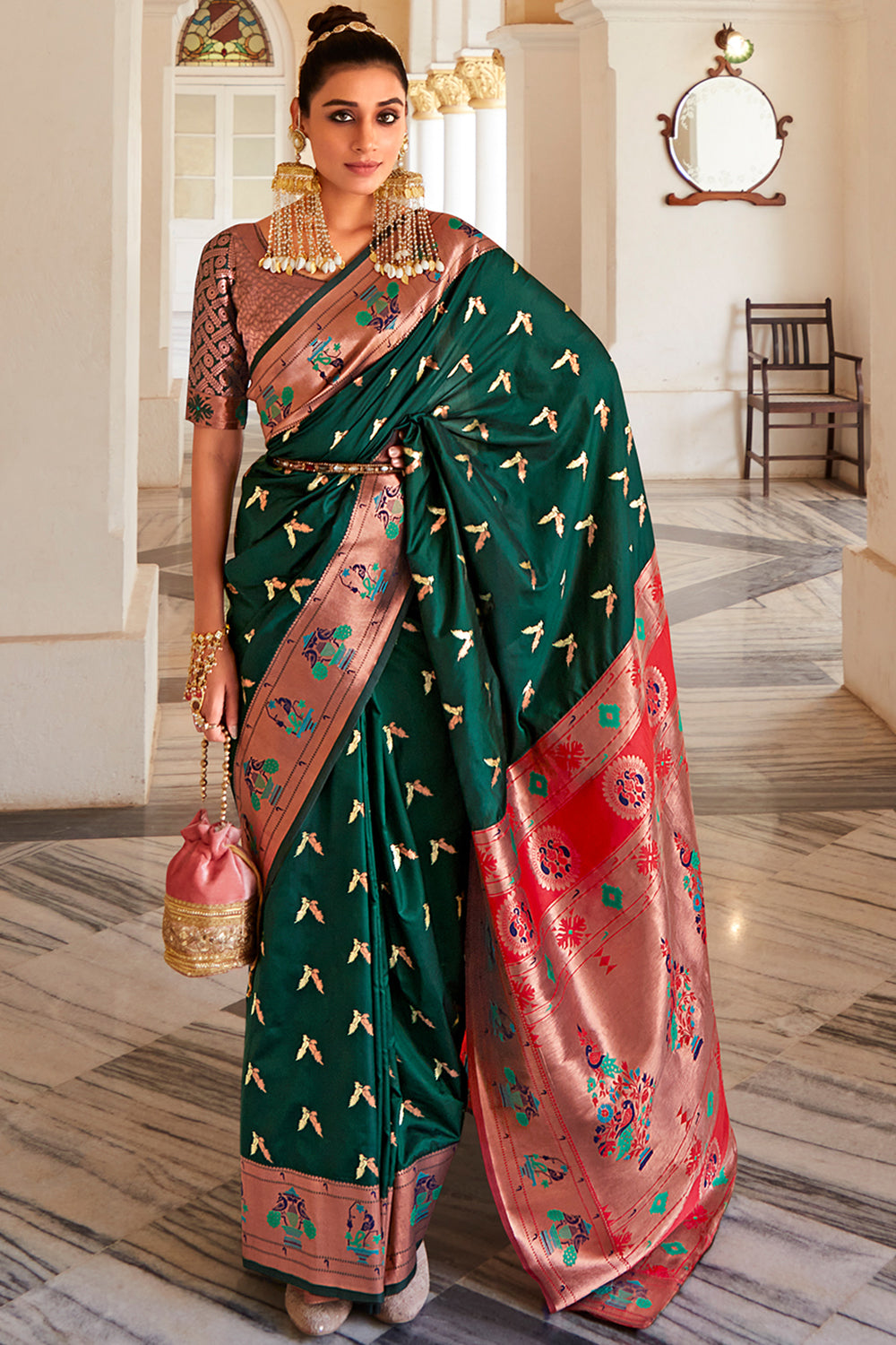 Forest Green Paithani Silk Saree