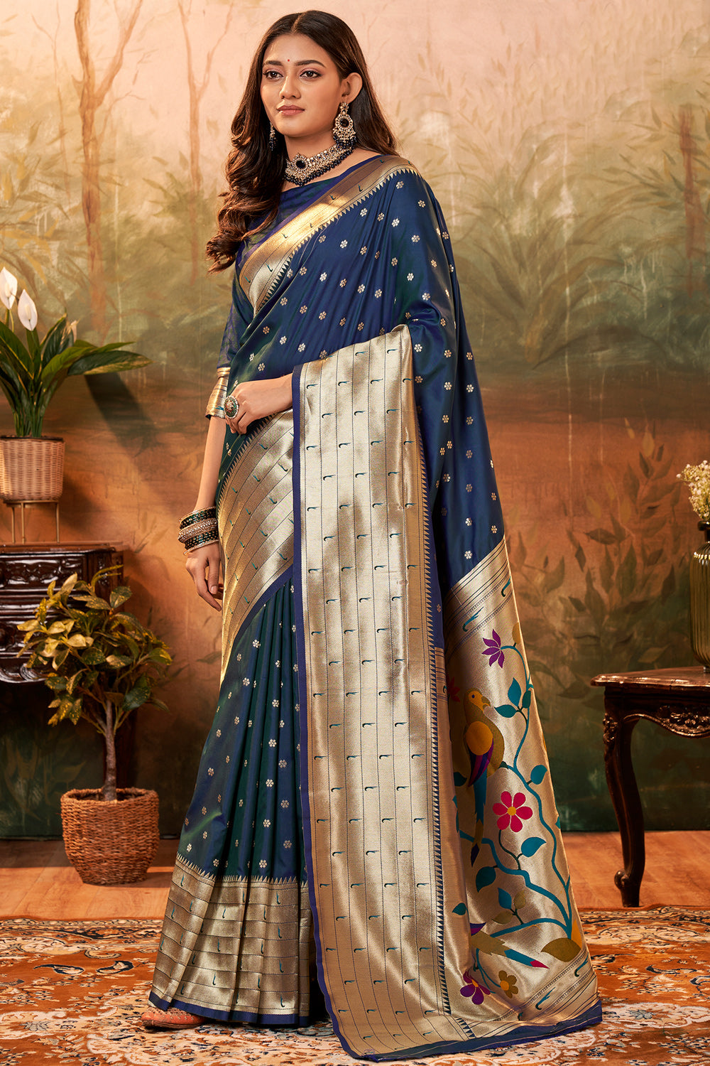 Indigo Paithani Silk With Zari Weaving Saree