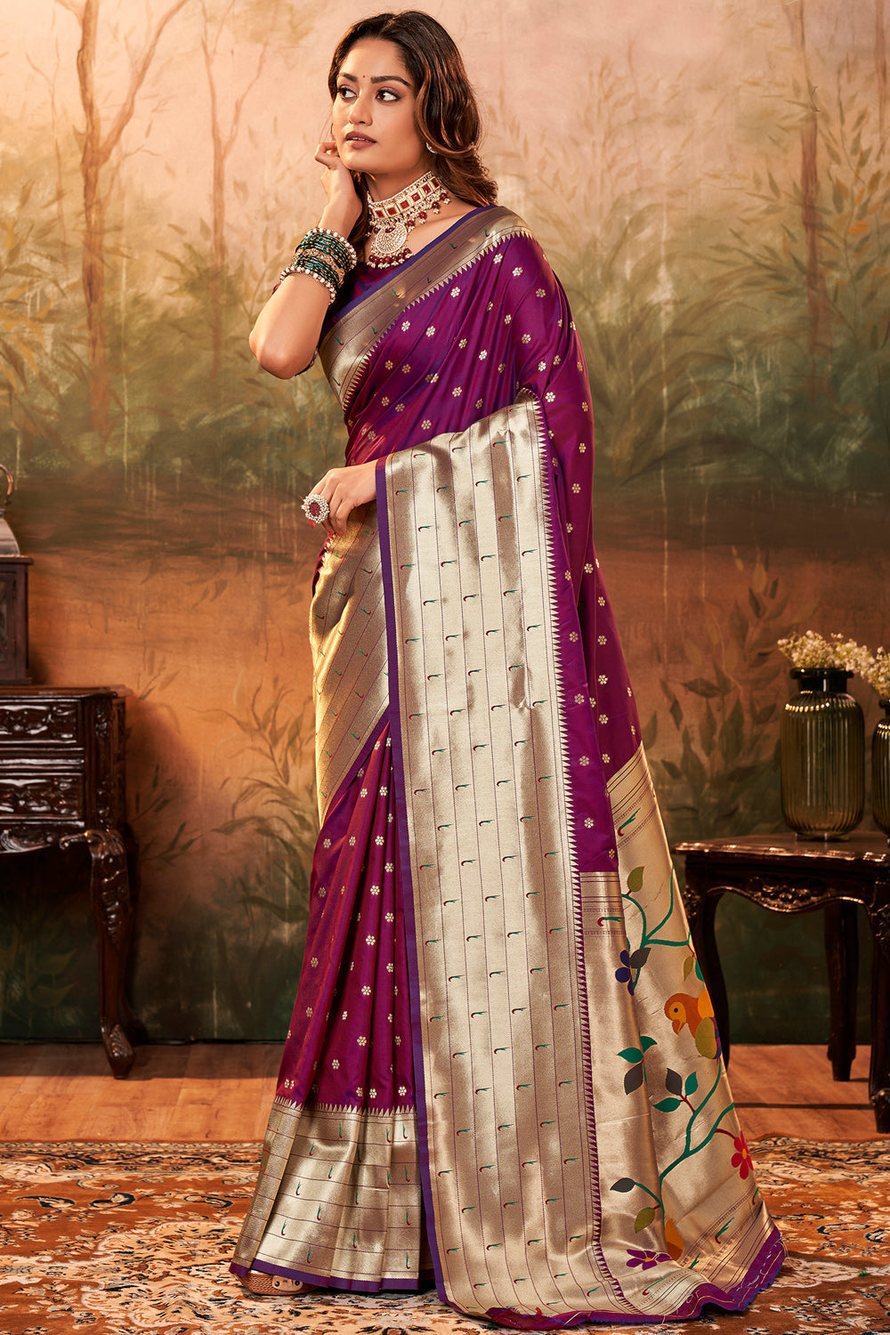 Purple Paithani Silk With Zari Weaving Saree