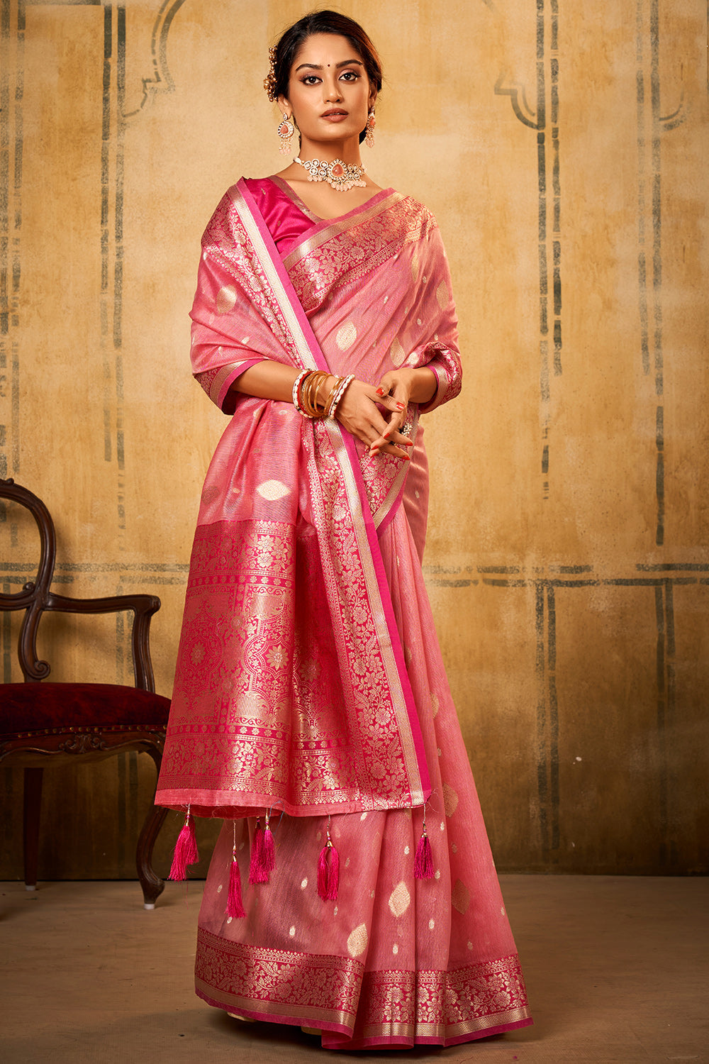 Flamingo Pink Banarasi Saree