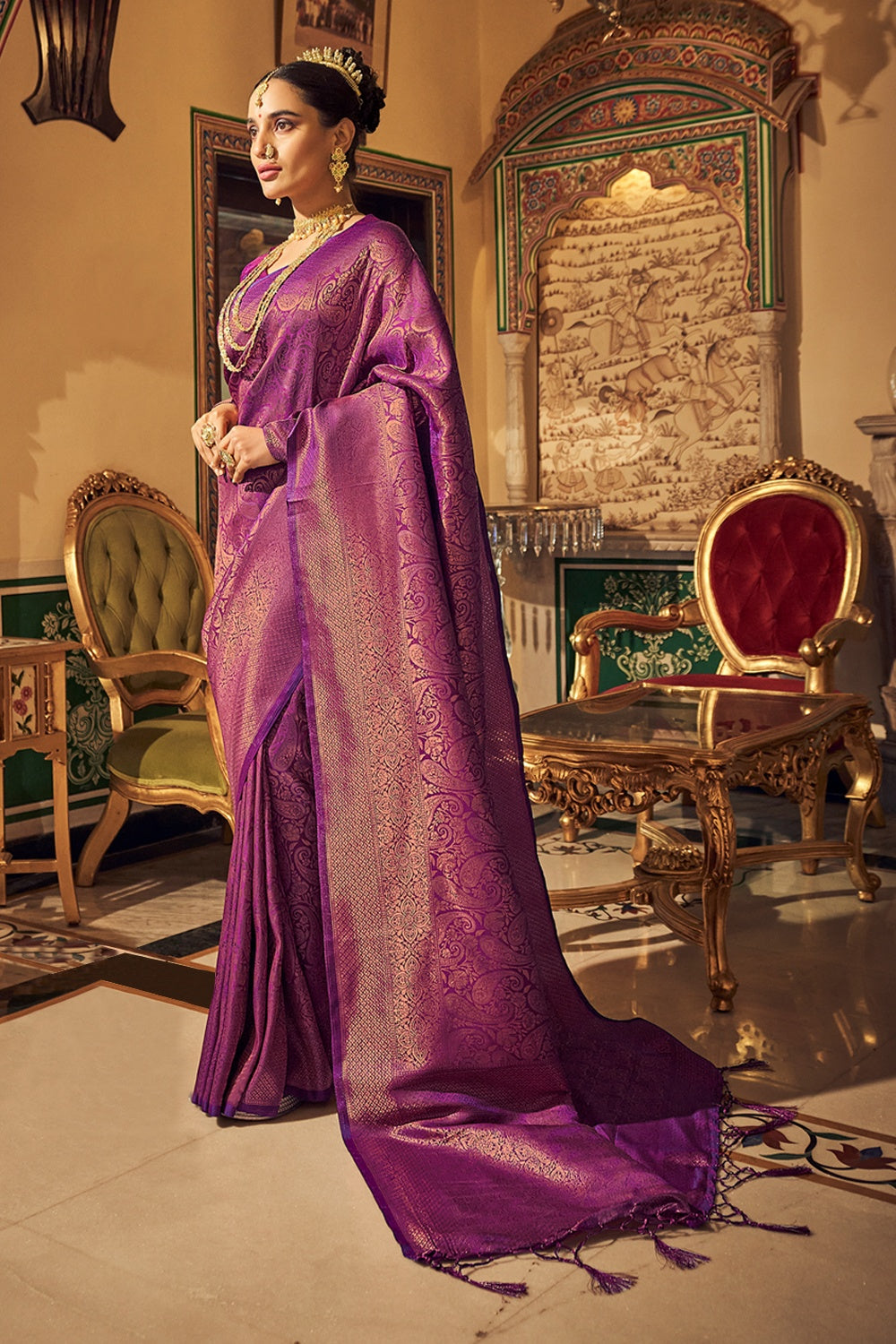 Purple Soft Handloom Weaving silk with Copper Zari