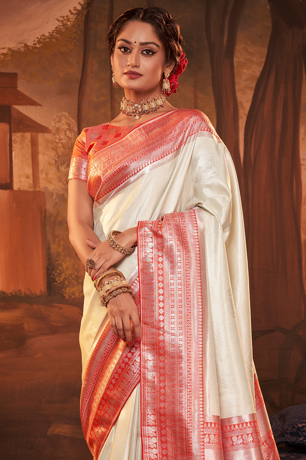 Ivory White Handloom Weave Soft Banarasi Silk Saree – Ethnos