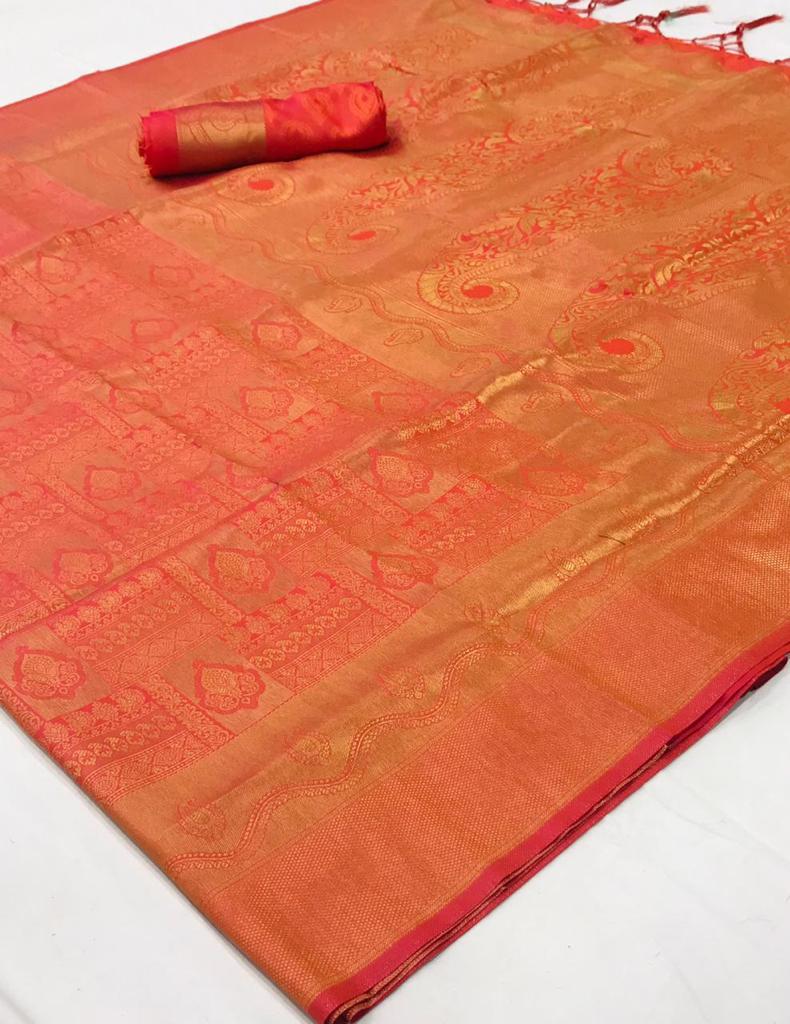 Fire Orange Shimmery Kanjivaram Saree