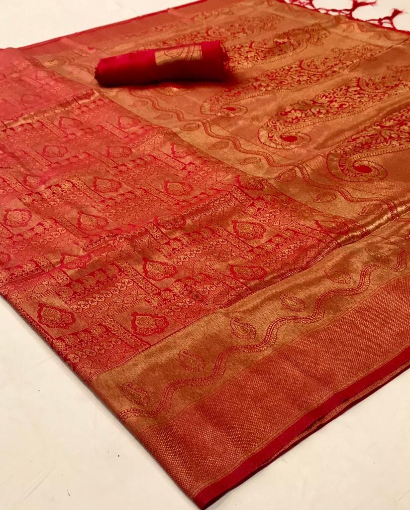 Scarlet Red Shimmery Kanjivaram Saree