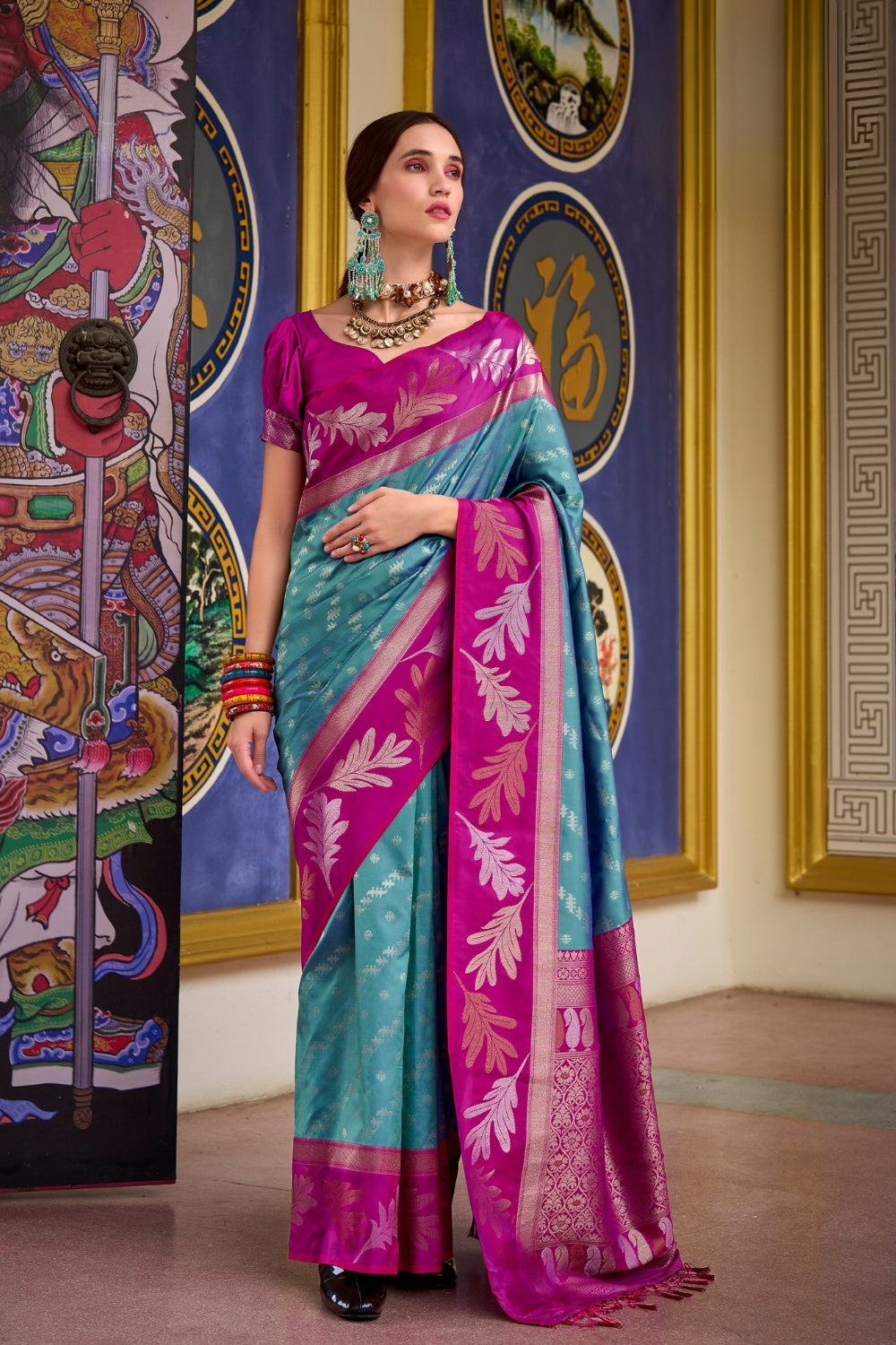 Blue Pink Banarasi Saree