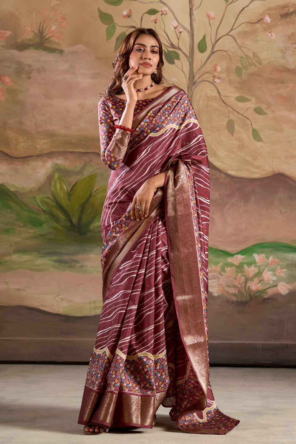 Dark Red Cotton With Digital Print Saree