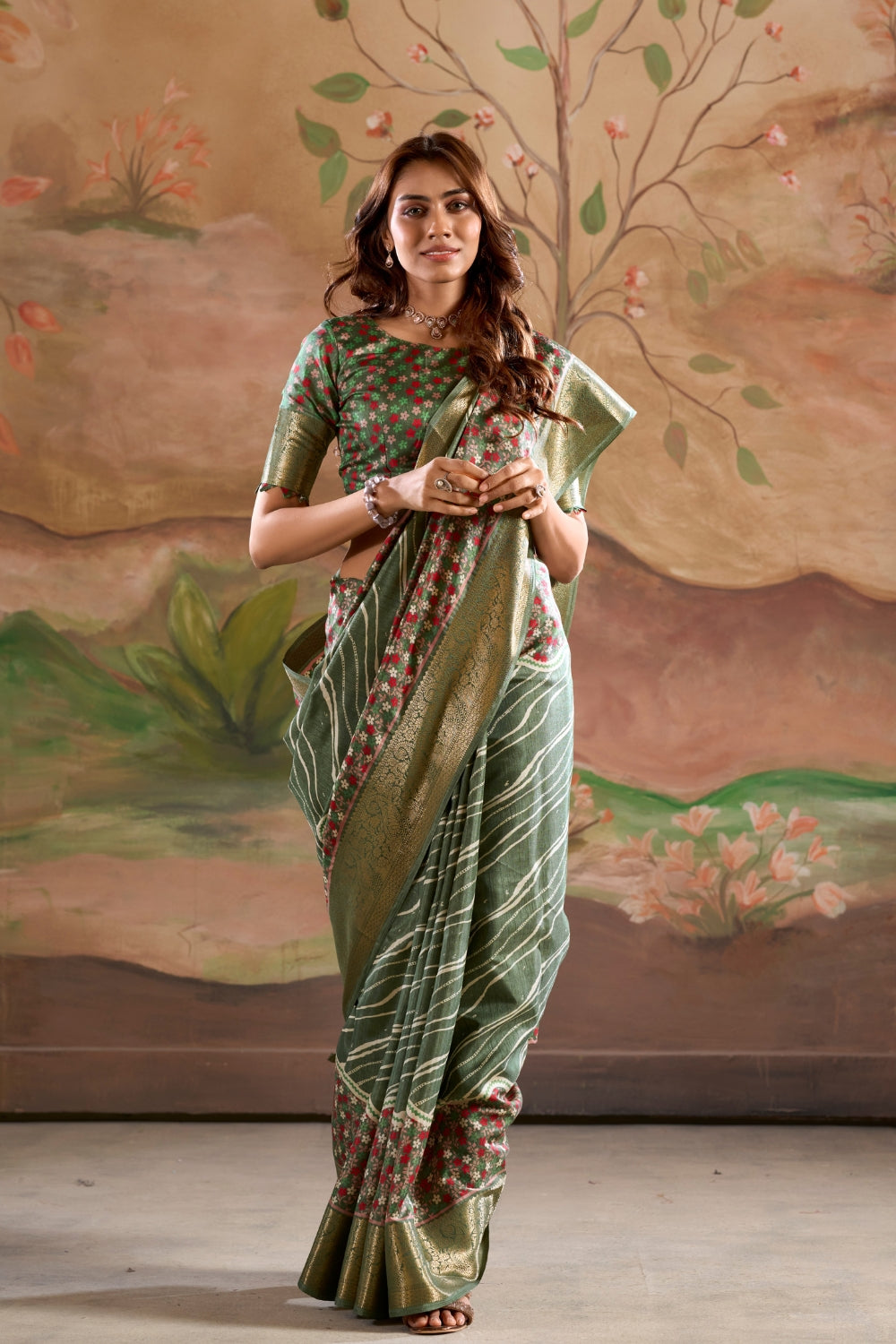 Dark Green Cotton With Digital Print Saree