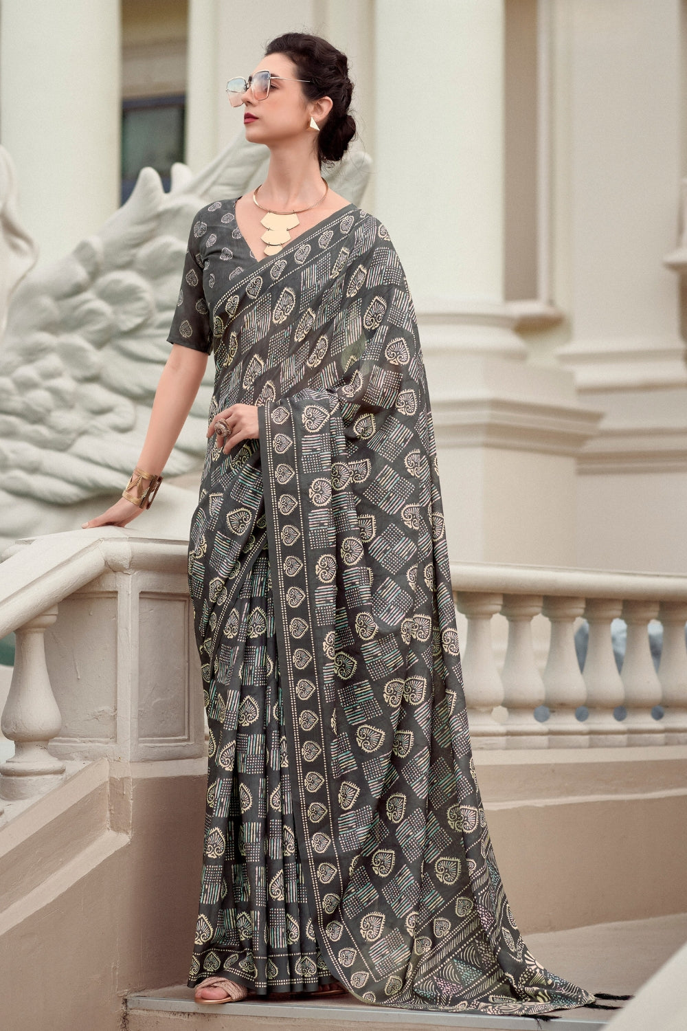 Coal Black Pure Mal Mal Silk Saree