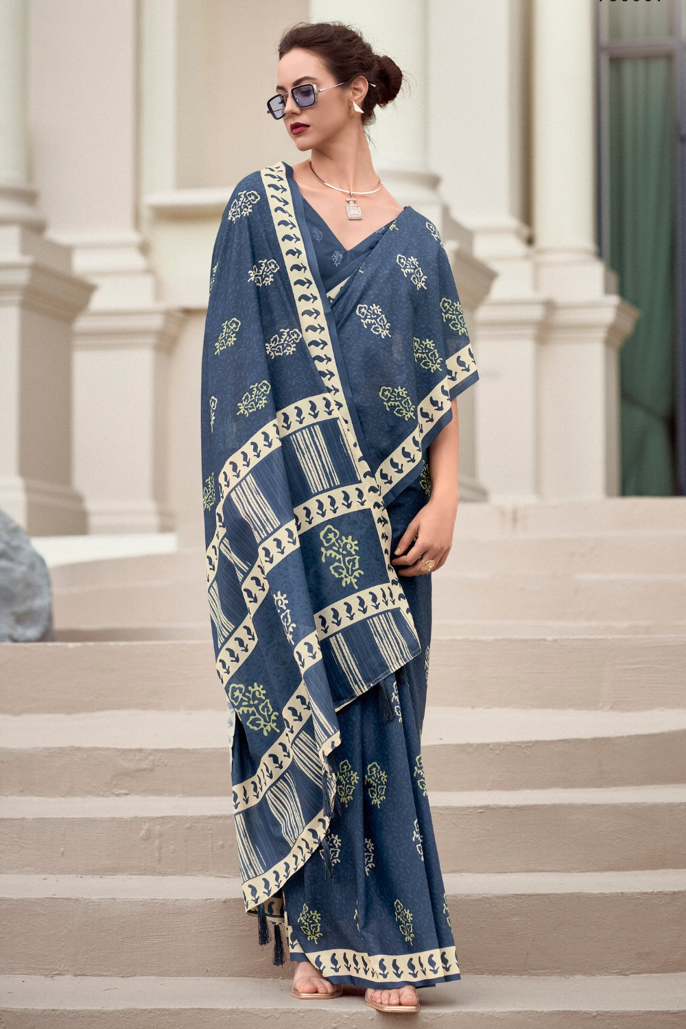 Dark Blue Pure Mal Mal Silk Saree