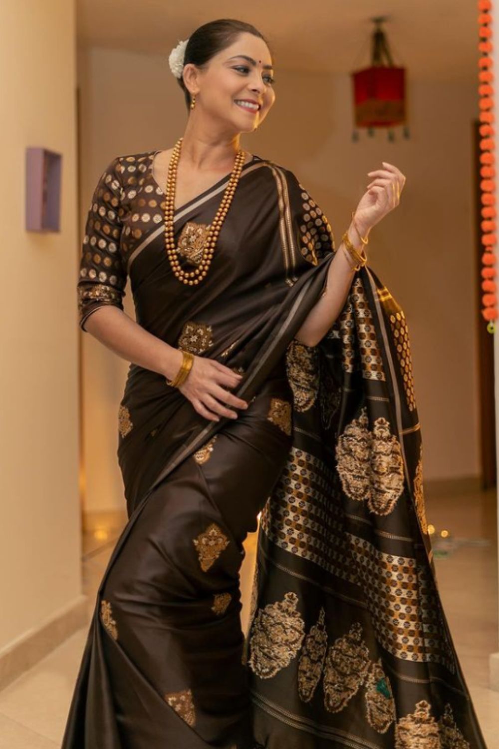 Chocolate Brown Silk Blend Hand Printed Saree with Unstitched Blouse Piece  for Women