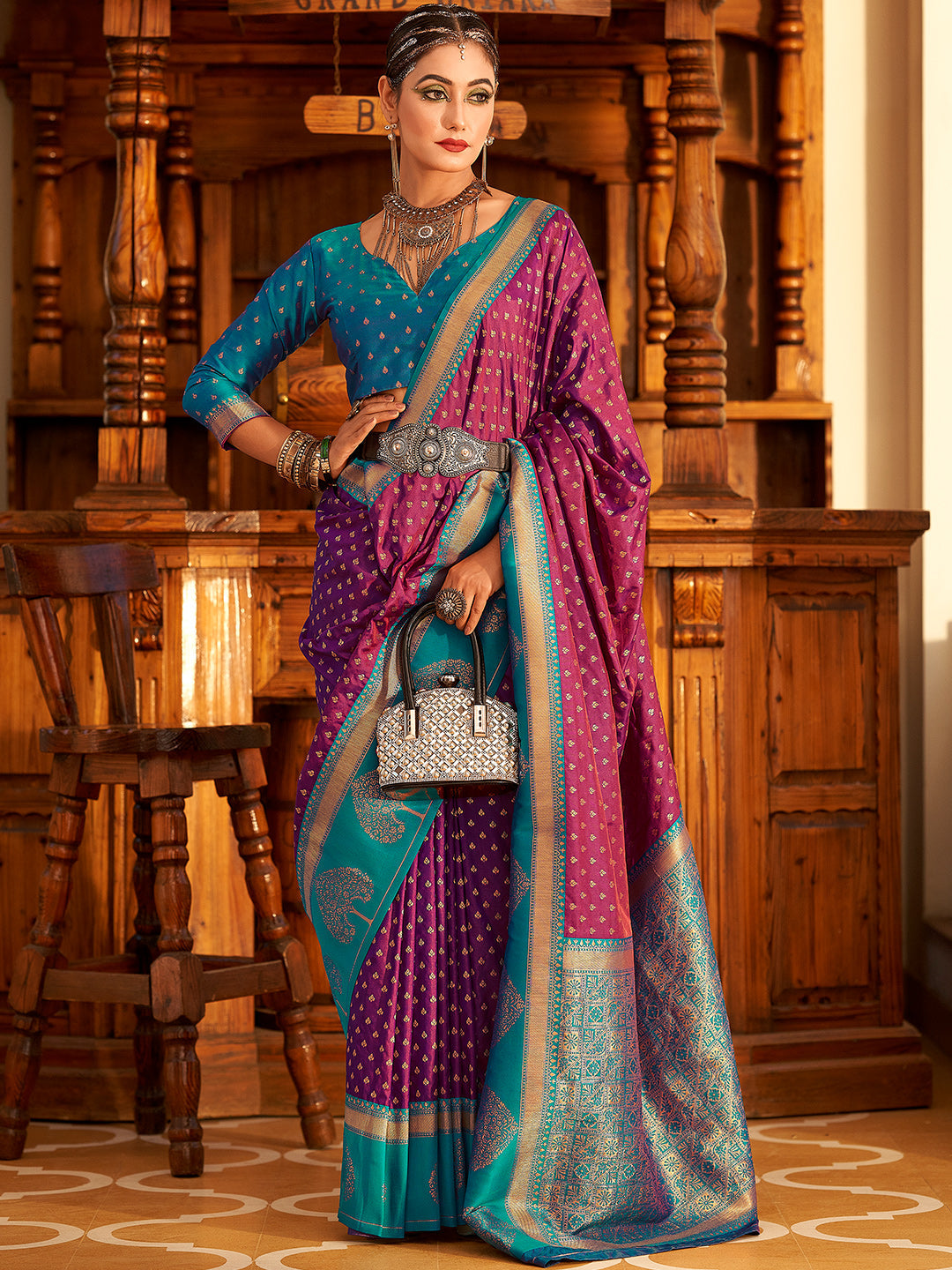 Wine Purple Soft Banarasi Paithani with Copper Zari Weaving Saree